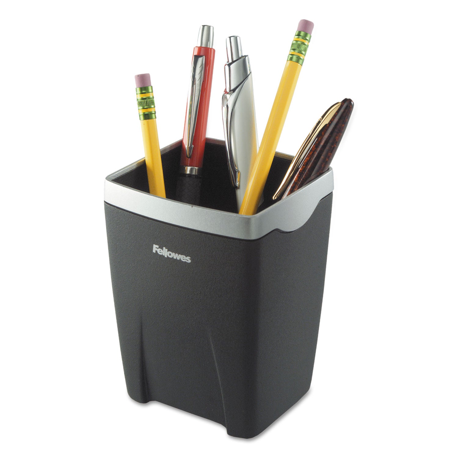 Office Suites Divided Pencil Cup, Plastic, 3.13 x 3.13 x 4.25, Black/Silver - 