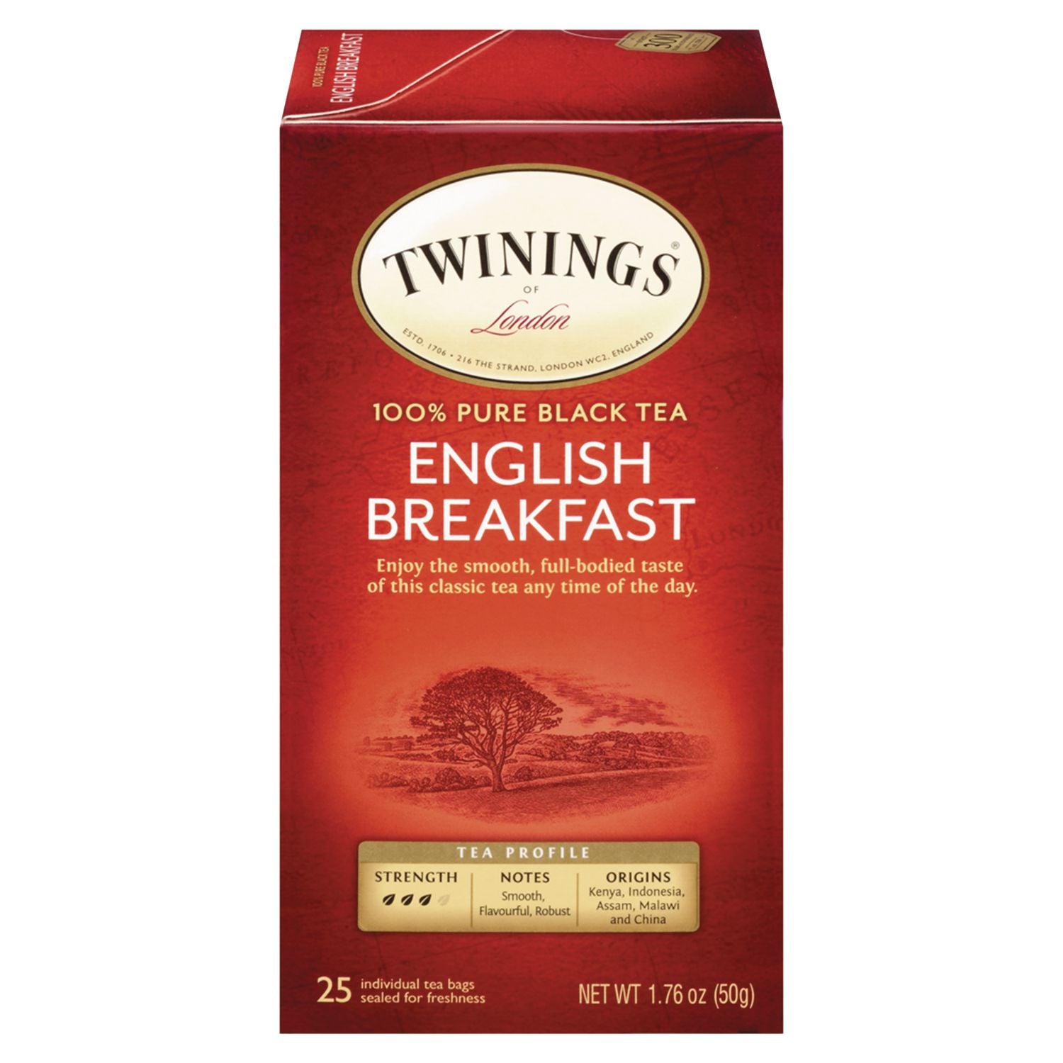 Tea Bags, English Breakfast, 1.76 oz, 25/Box