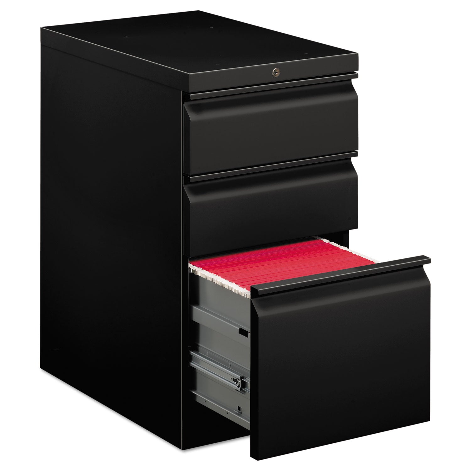 Brigade Mobile Pedestal with Pencil Tray Insert, Left or Right, 3-Drawers: Box/Box/File, Letter, Black, 15" x 22.88" x 28