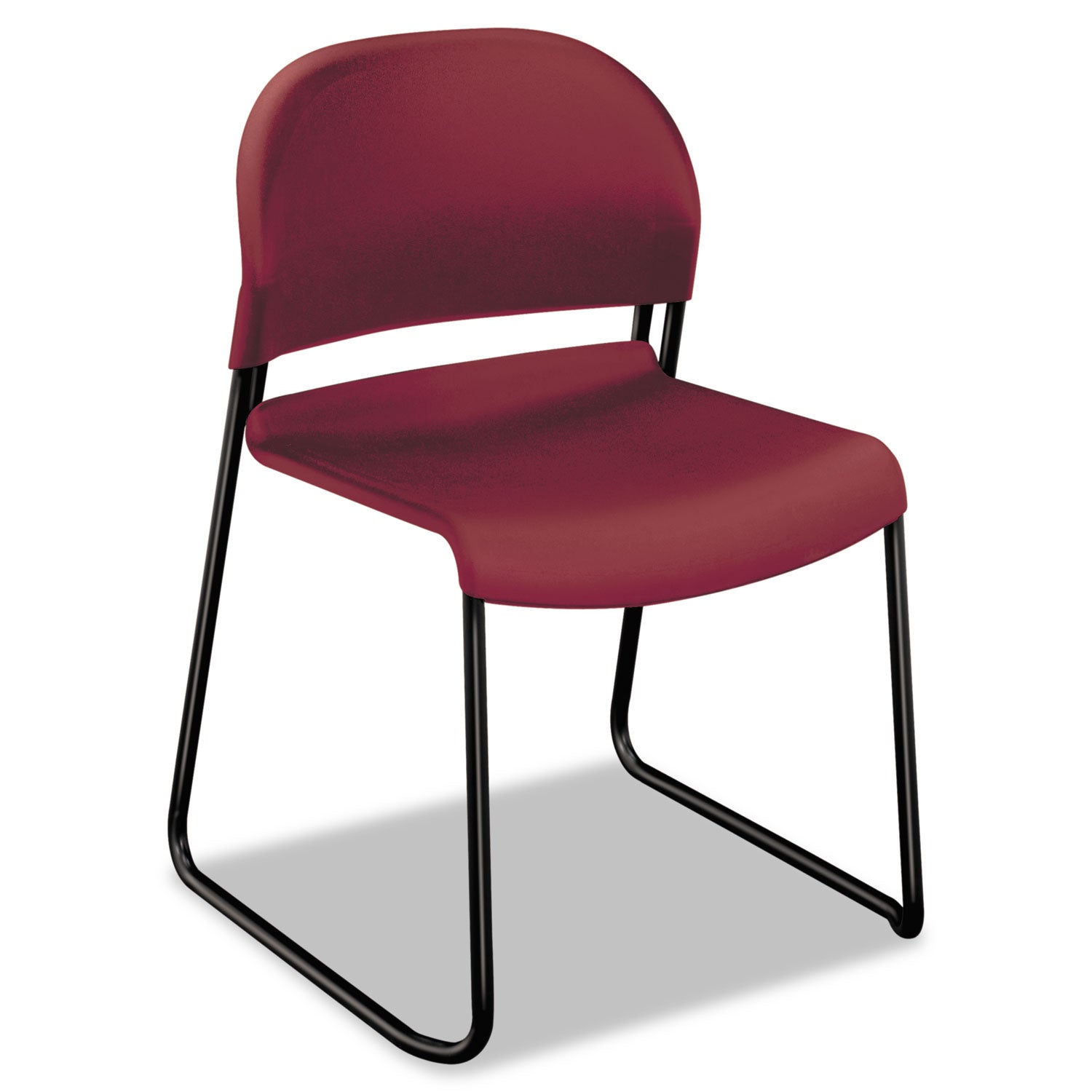 GuestStacker High Density Chairs, Supports 300 lb, 17.5" Seat Height, Mulberry Seat, Mulberry Back, Black Base, 4/Carton - 