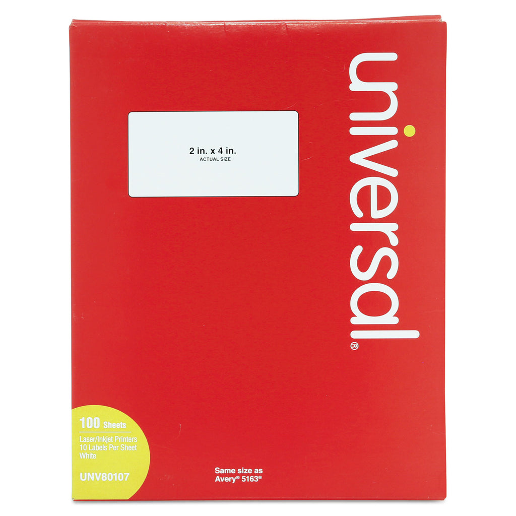 White Labels, Inkjet/Laser Printers, 2 x 4, White, 10/Sheet, 100 Sheets/Box - 