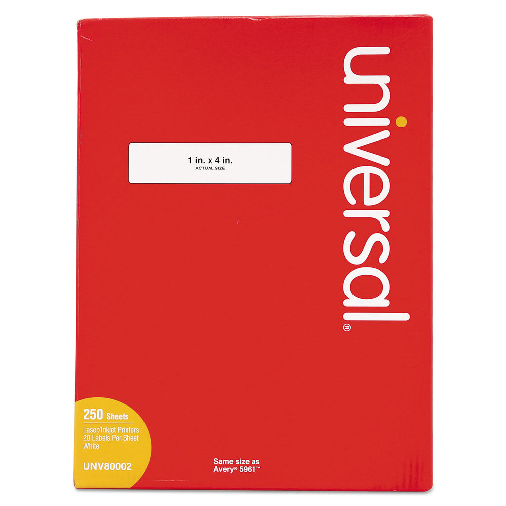White Labels, Inkjet/Laser Printers, 1 x 4, White, 20/Sheet, 250 Sheets/Box - 