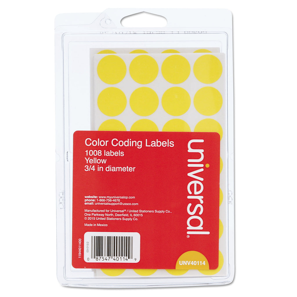 Self-Adhesive Removable Color-Coding Labels, 0.75" dia, Yellow, 28/Sheet, 36 Sheets/Pack - 