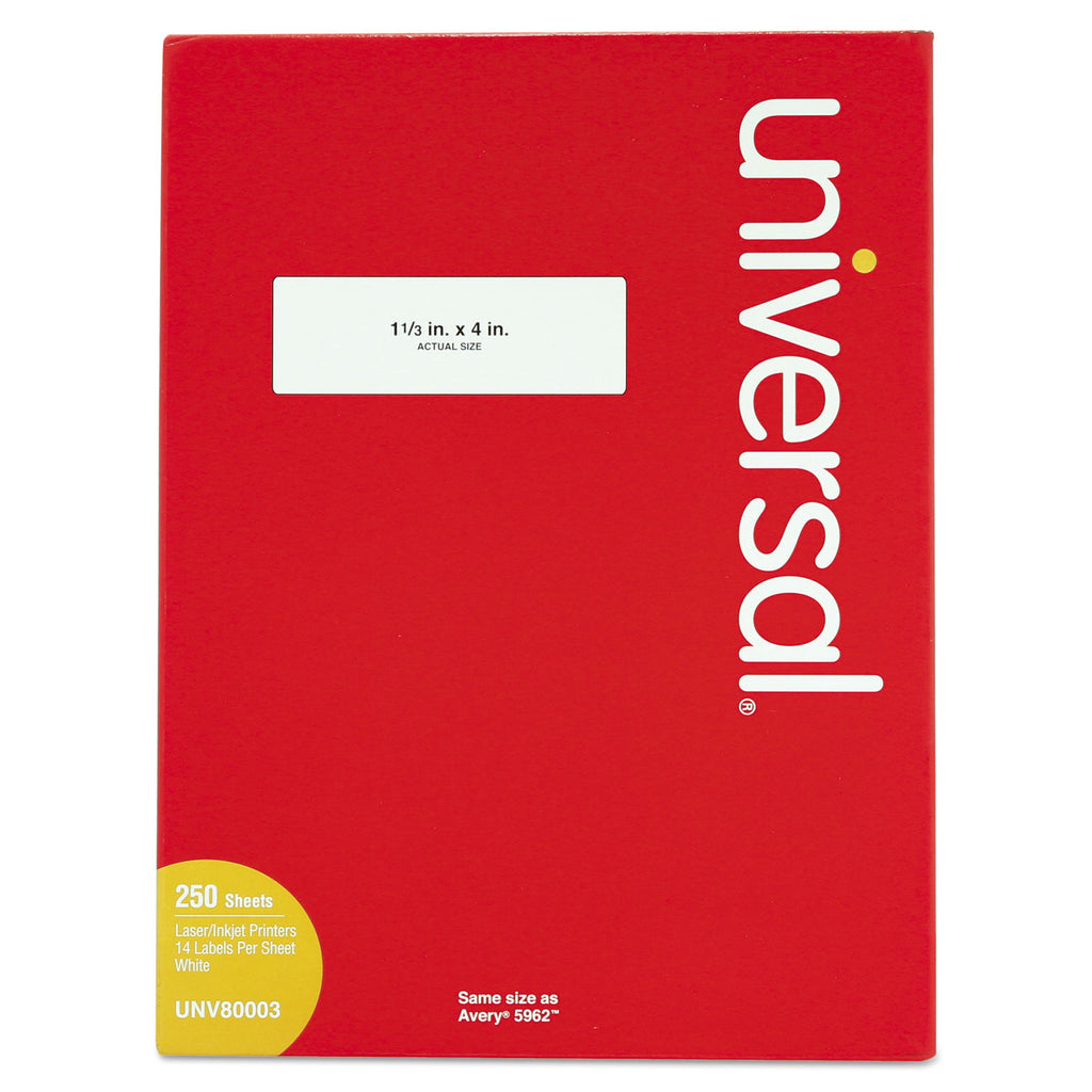 White Labels, Inkjet/Laser Printers, 1.33 x 4, White, 14/Sheet, 250 Sheets/Box - 