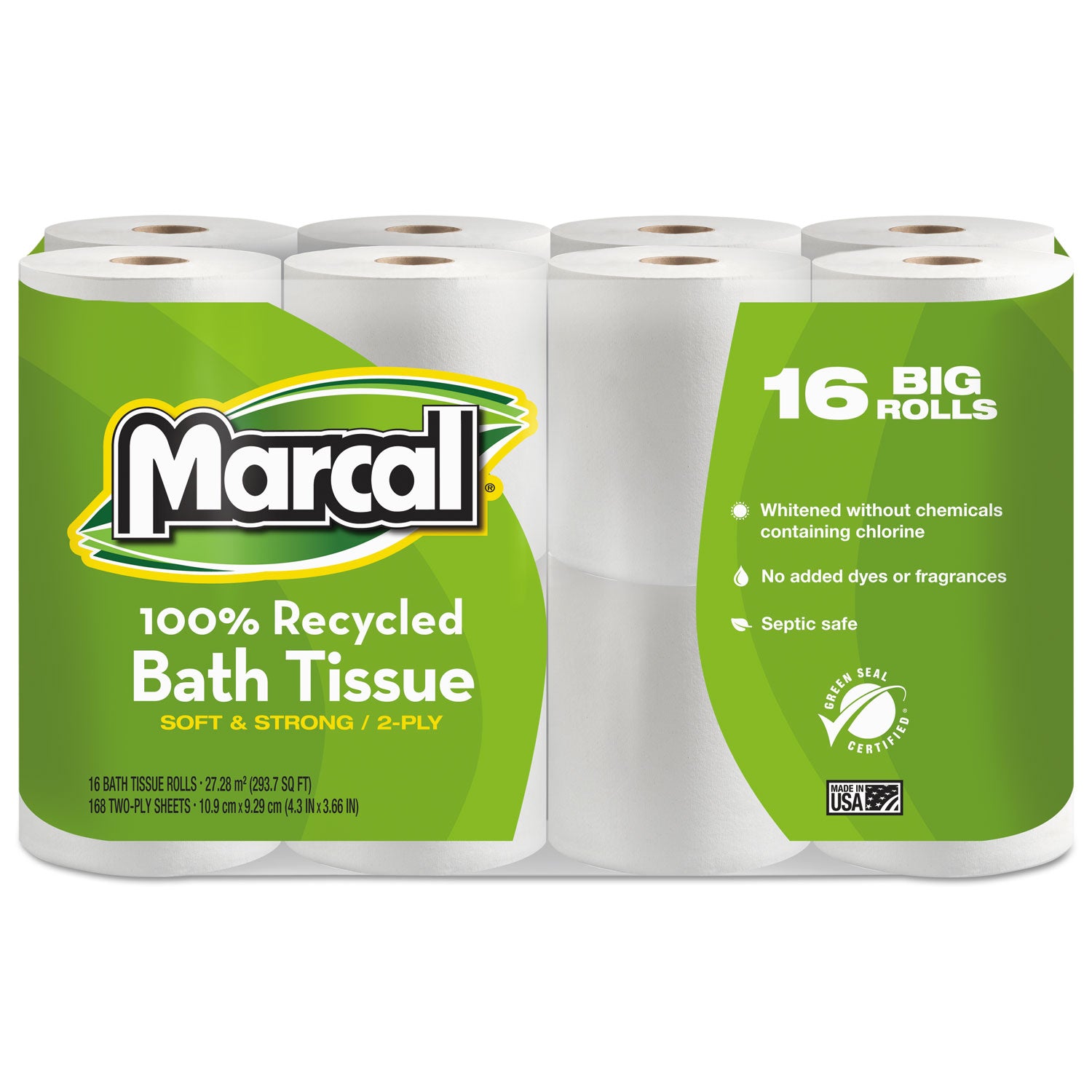 100% Recycled 2-Ply Bath Tissue, Septic Safe, White, 168 Sheets/Roll, 16 Rolls/Pack - 