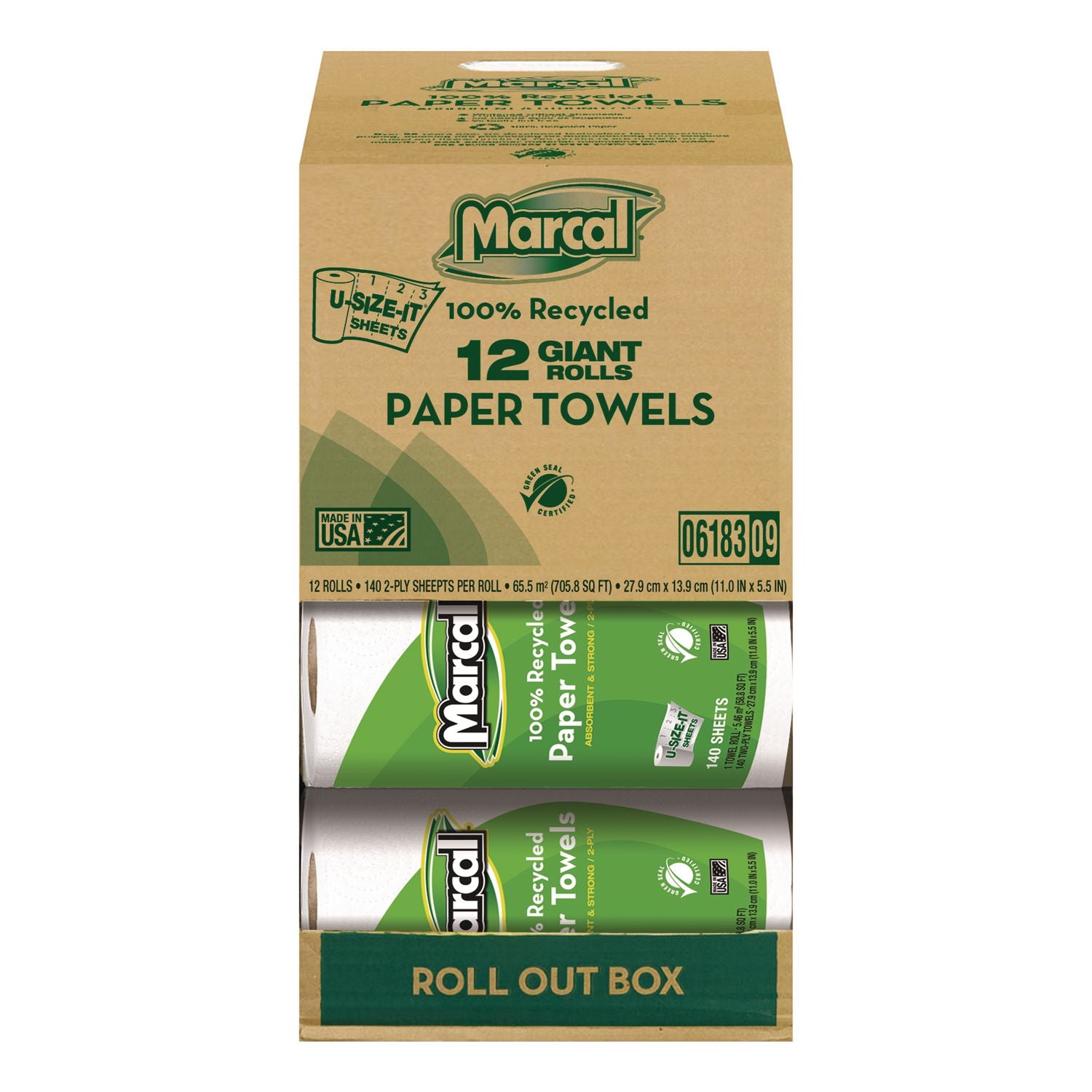 100% Premium Recycled Kitchen Roll Towels, Roll Out Box, 2-Ply, 11 x 5.5, White, 140 Sheets, 12 Rolls/Carton