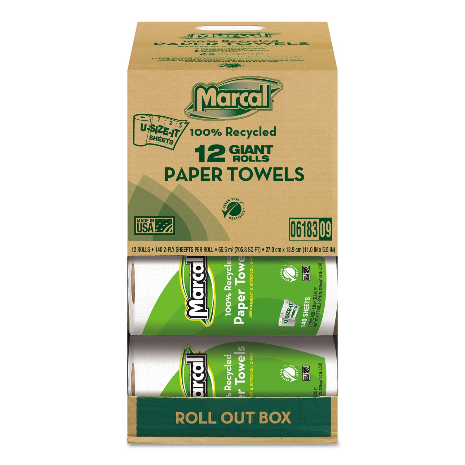 100% Premium Recycled Kitchen Roll Towels, Roll Out Box, 2-Ply, 11 x 5.5, White, 140 Sheets, 12 Rolls/Carton - 