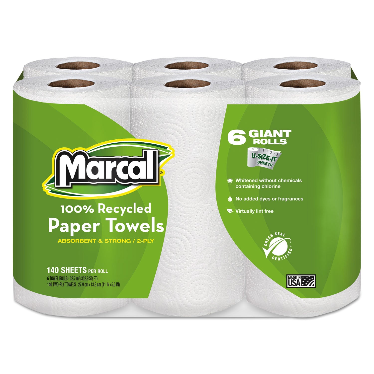 100% Premium Recycled Kitchen Roll Towels, 2-Ply, 11 x 5.5, White, 140/Roll, 6 Rolls/Pack - 