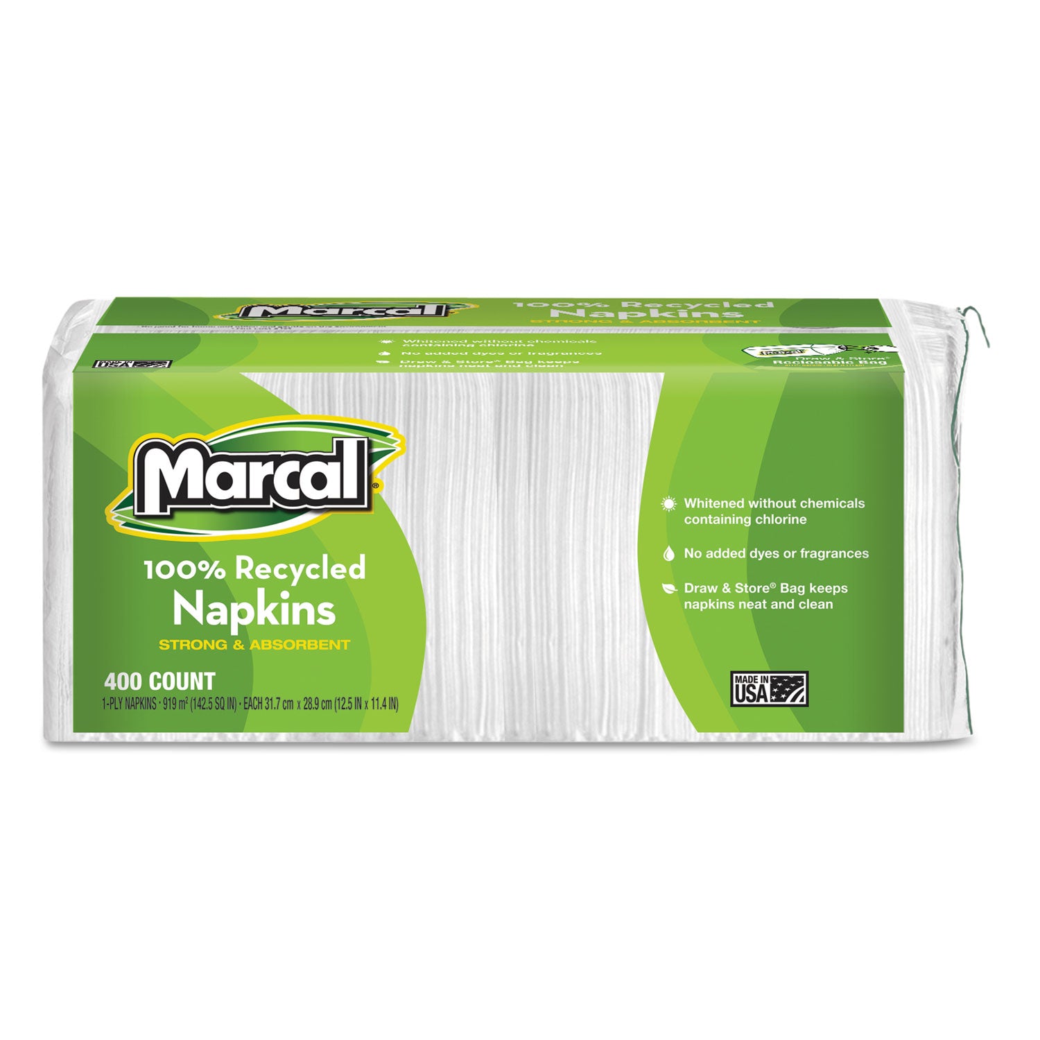 100% Recycled Lunch Napkins, 1-Ply, 11.4 x 12.5, White, 400/Pack - 