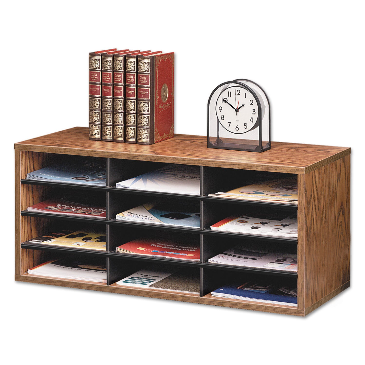 Particle Board Desktop Sorter, 12 Compartments, 29 x 11.88 x 12.94, Medium Oak - 