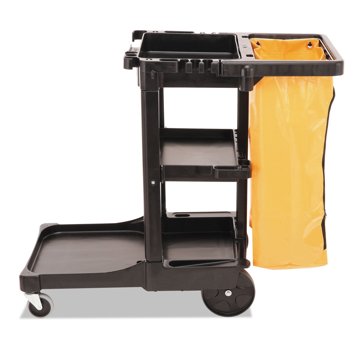 Multi-Shelf Cleaning Cart, Plastic, 4 Shelves, 1 Bin, 20" x 45" x 38.25", Black - 