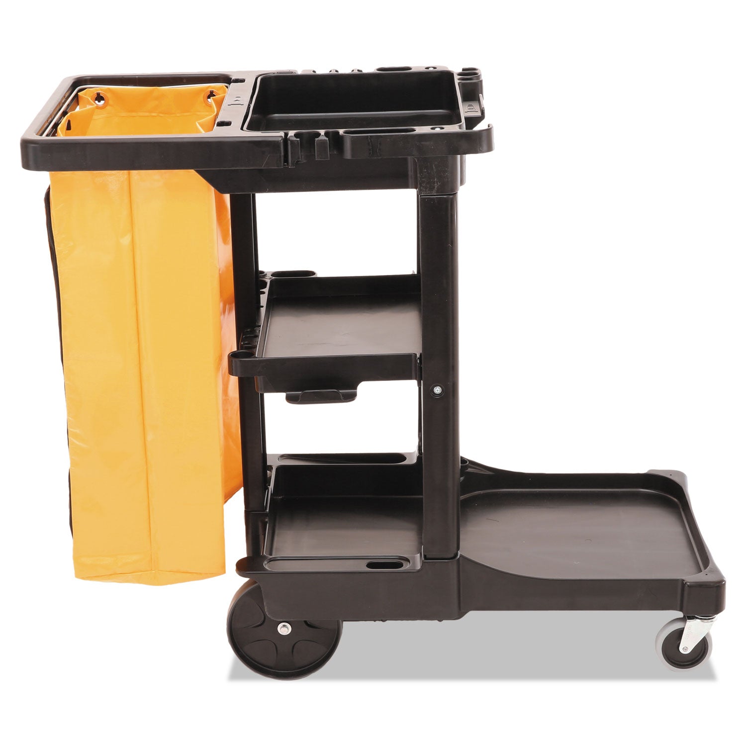 Multi-Shelf Cleaning Cart, Plastic, 4 Shelves, 1 Bin, 20" x 45" x 38.25", Black - 