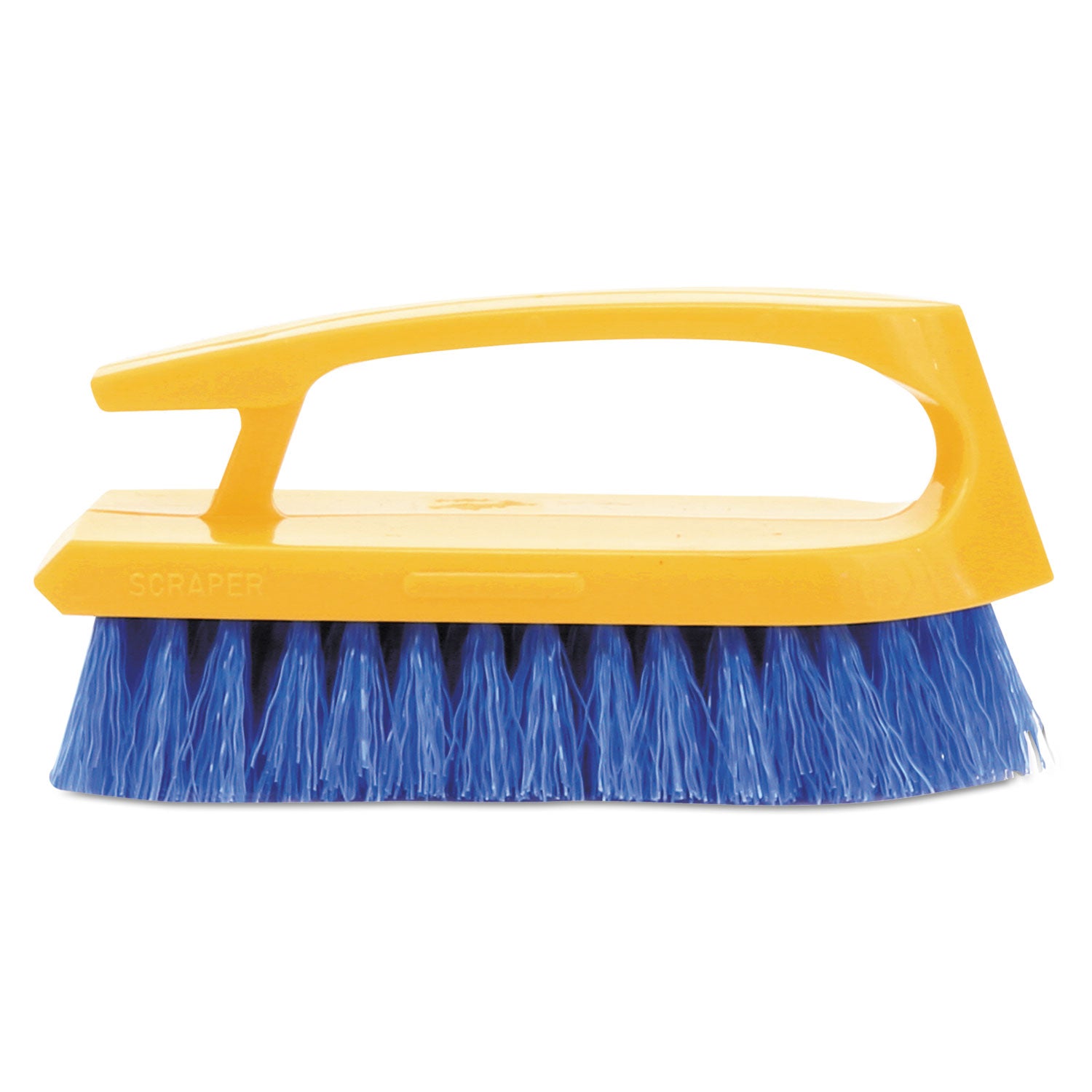 Iron-Shaped Handle Scrub Brush, Blue Polypropylene Bristles, 6" Brush, 6" Yellow Plastic Handle - 1