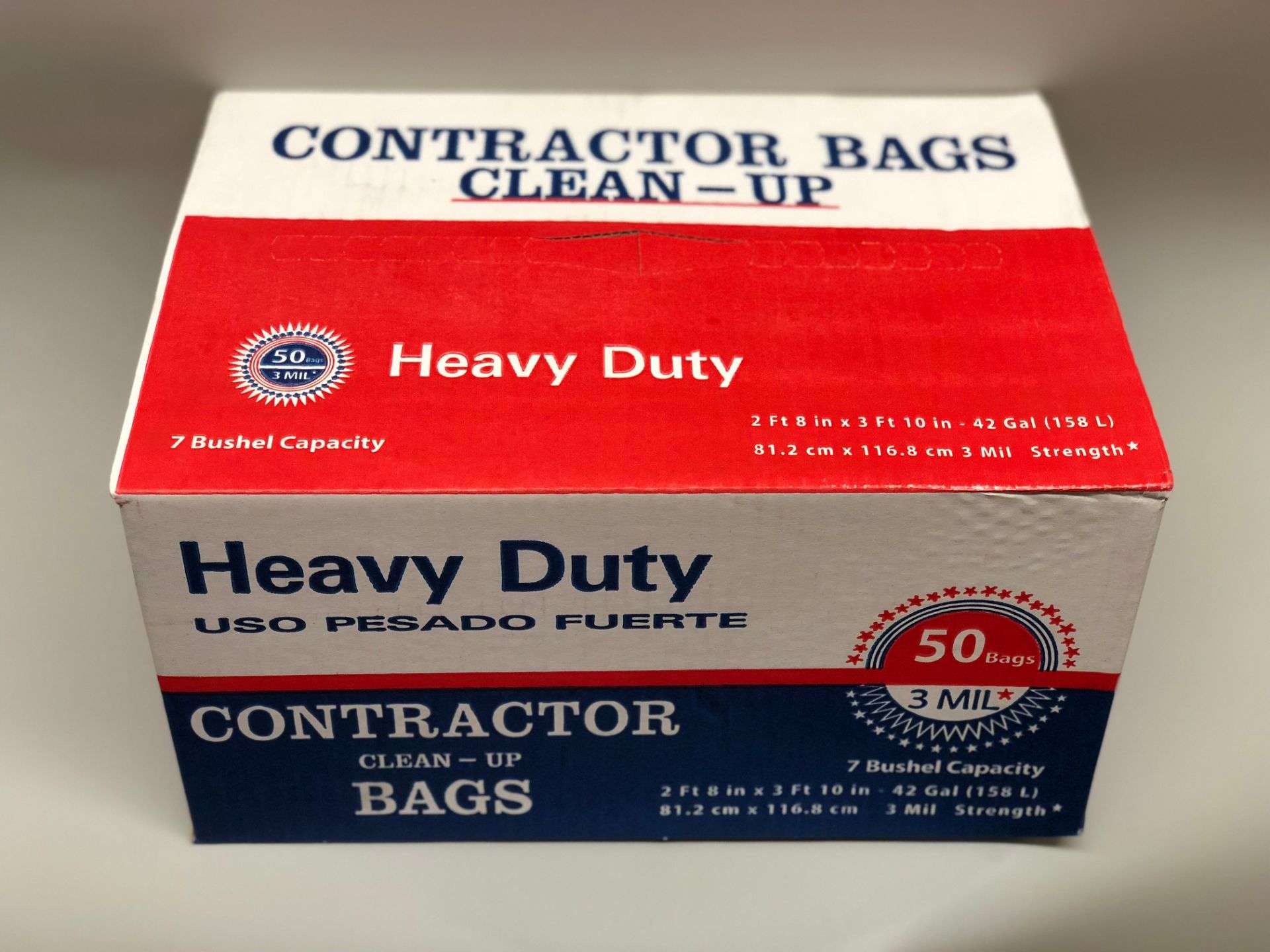 32" x 46" 42 Gal 3 Mil Black Contractor Bags, Industry Standard, Red & Blue Box, 50/Case, 105/Palet