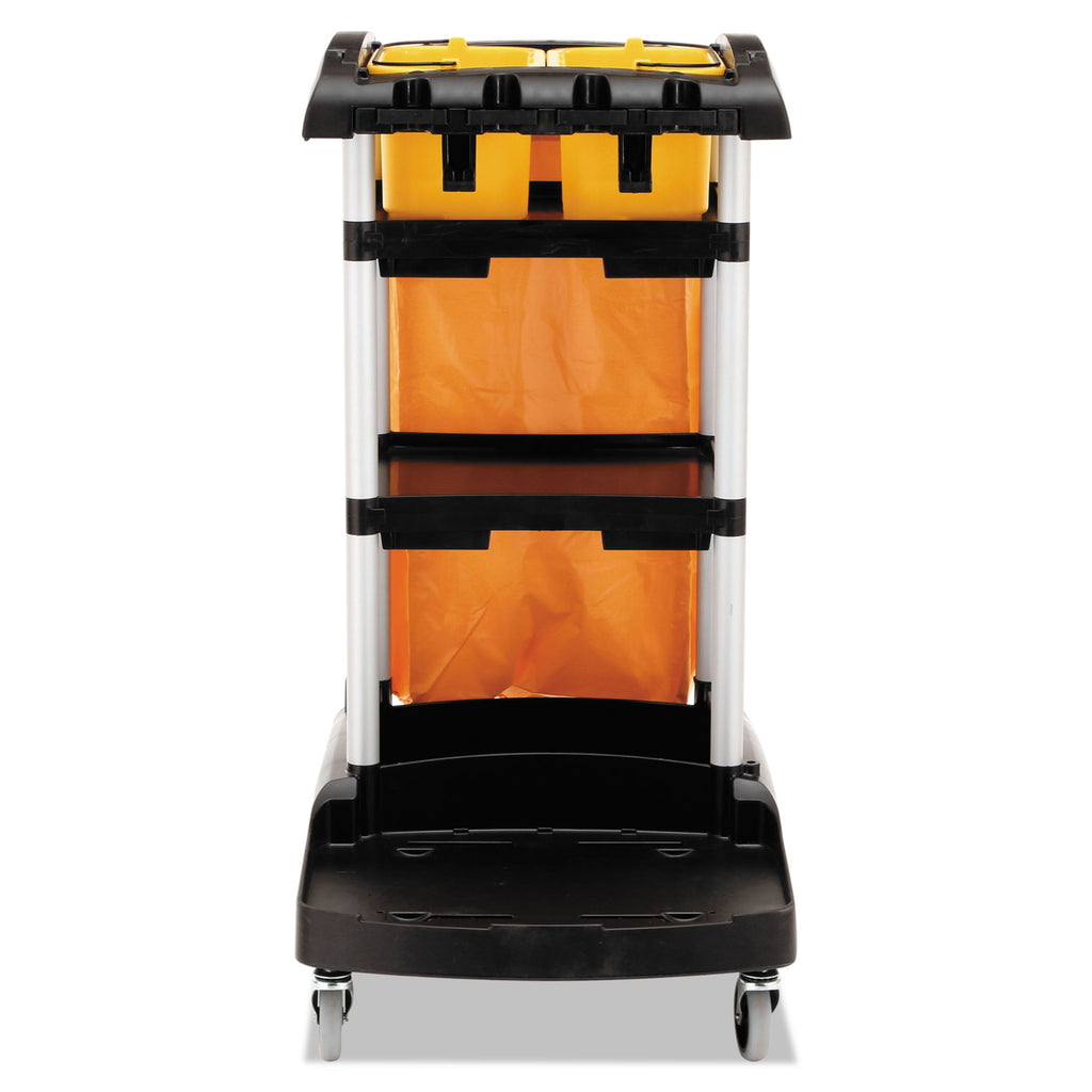 High Capacity Cleaning Cart, Plastic, 4 Shelves, 2 Bins, 21.75" x 49.75" x 38.38", Black - 