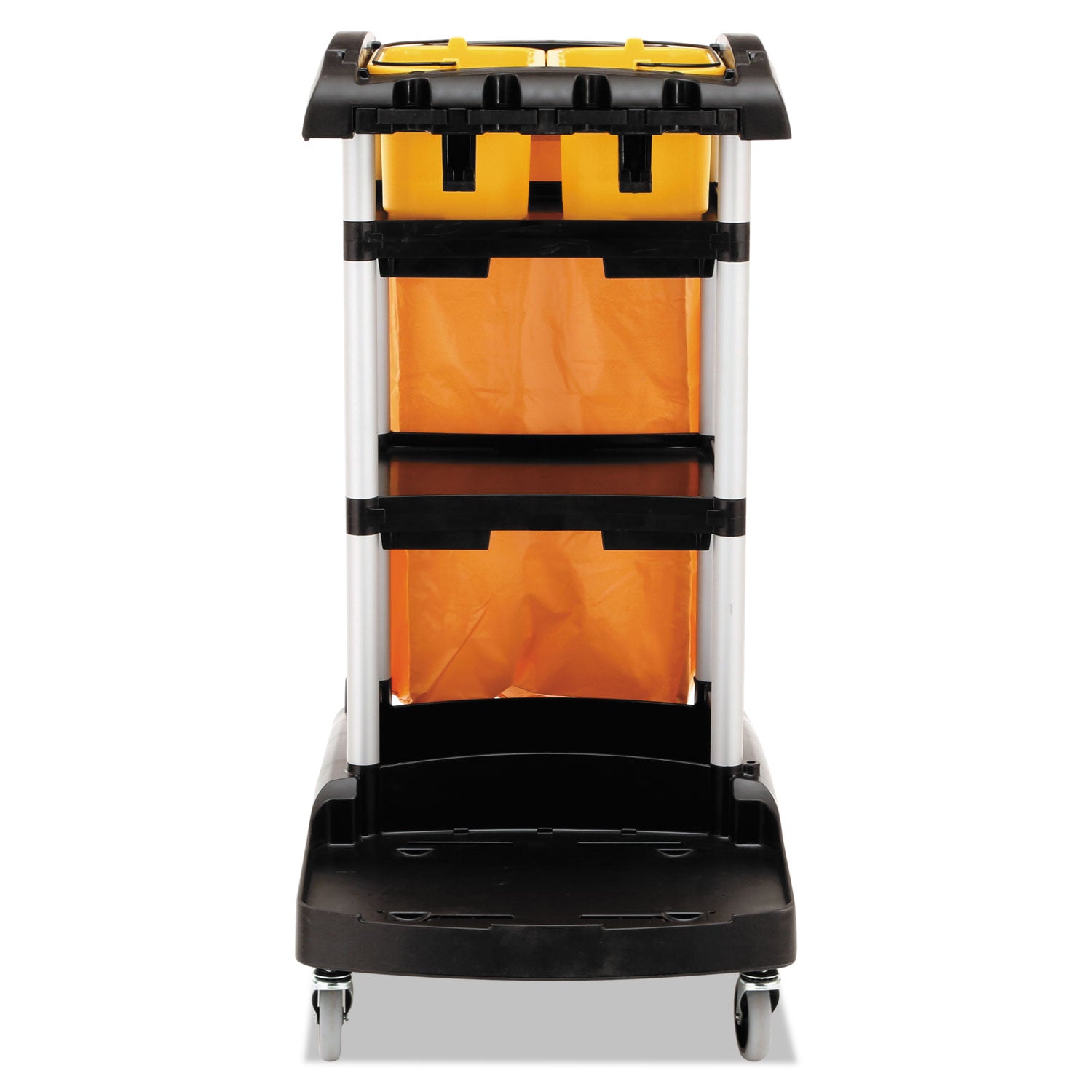 High Capacity Cleaning Cart, Plastic, 4 Shelves, 2 Bins, 21.75" x 49.75" x 38.38", Black - 