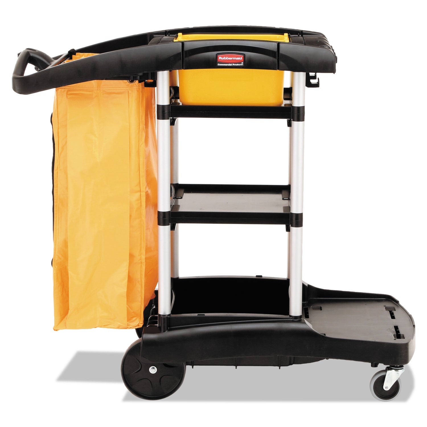 High Capacity Cleaning Cart, Plastic, 4 Shelves, 2 Bins, 21.75" x 49.75" x 38.38", Black - 