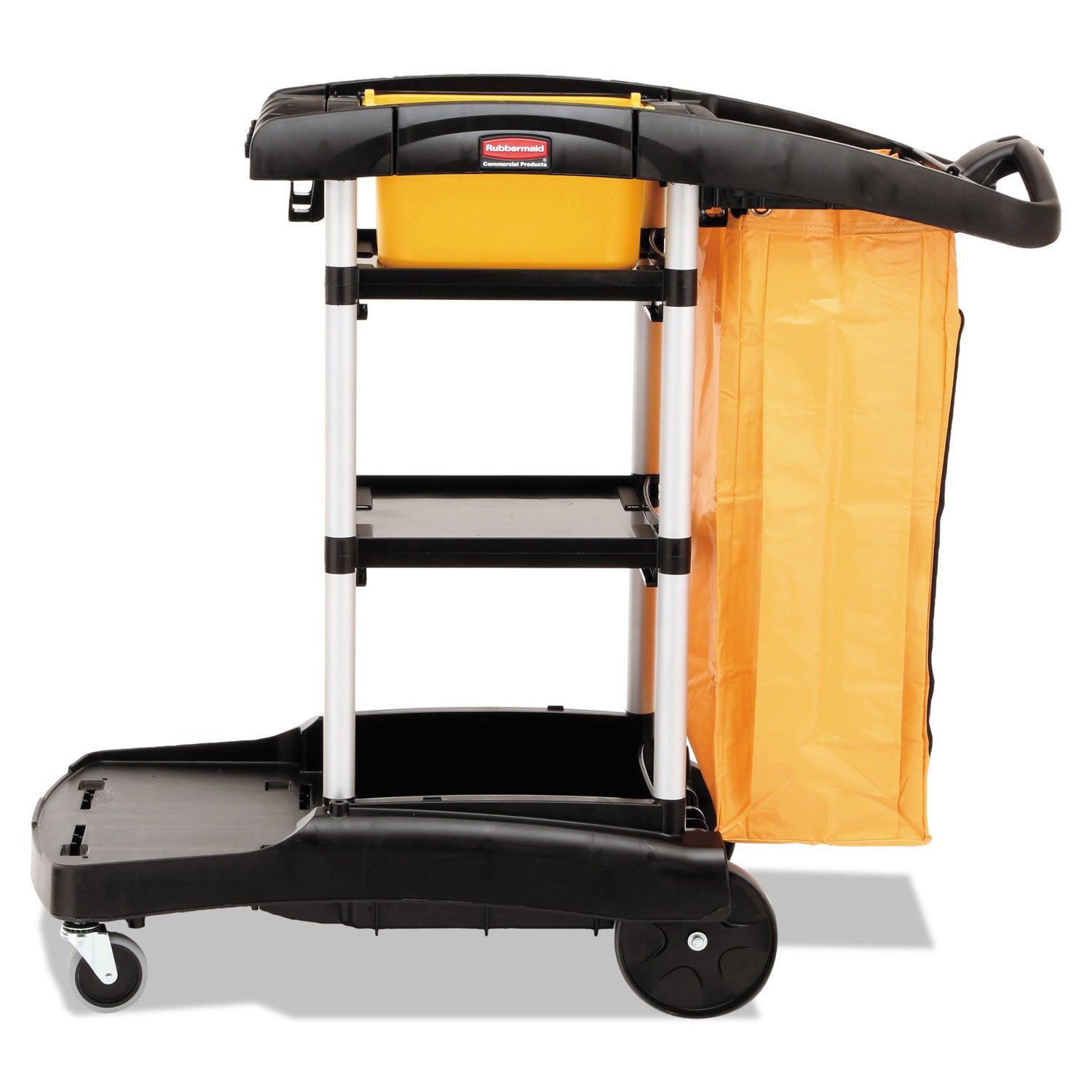 High Capacity Cleaning Cart, Plastic, 4 Shelves, 2 Bins, 21.75" x 49.75" x 38.38", Black