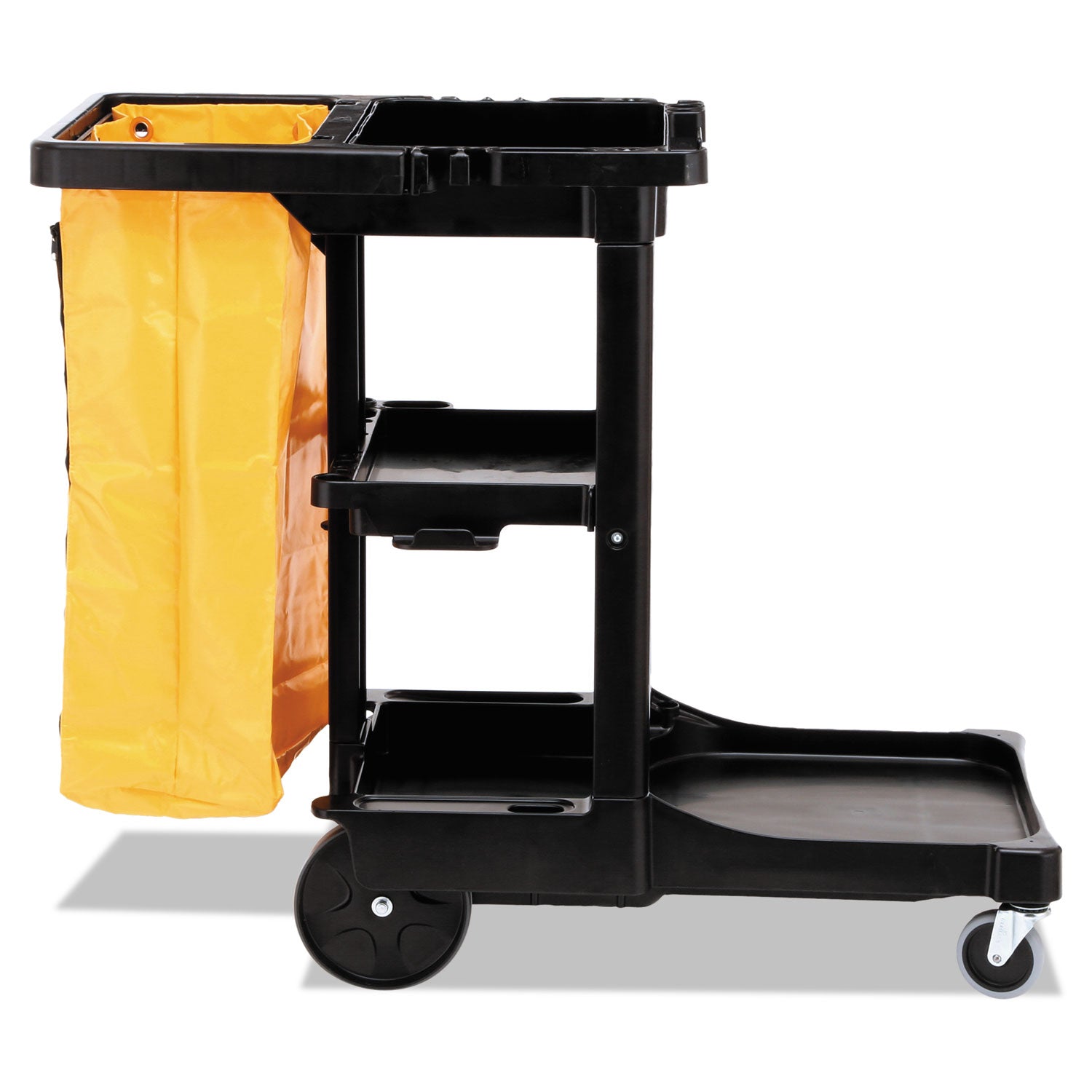 Multi-Shelf Cleaning Cart, Plastic, 4 Shelves, 1 Bin, 20" x 45" x 38.25", Black - 