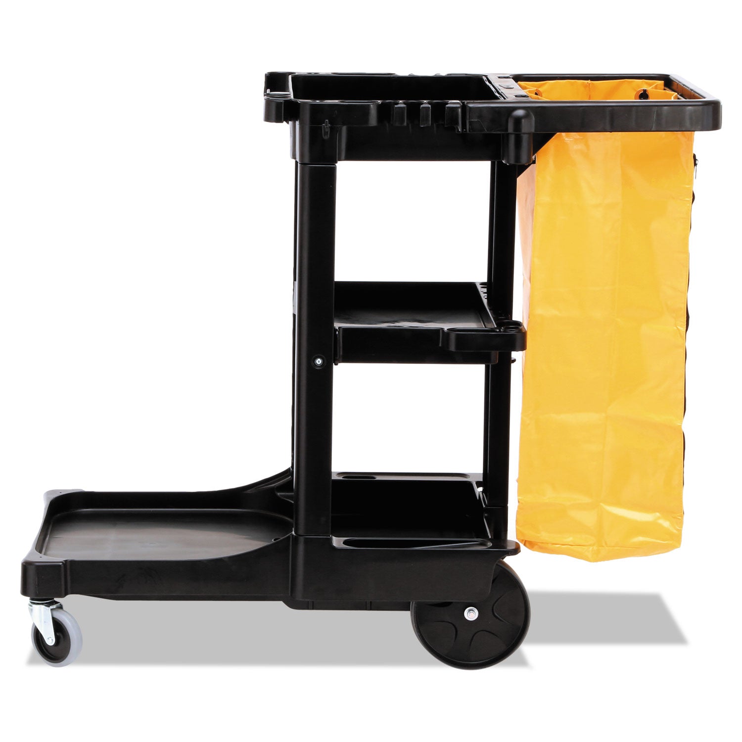 Multi-Shelf Cleaning Cart, Plastic, 4 Shelves, 1 Bin, 20" x 45" x 38.25", Black - 