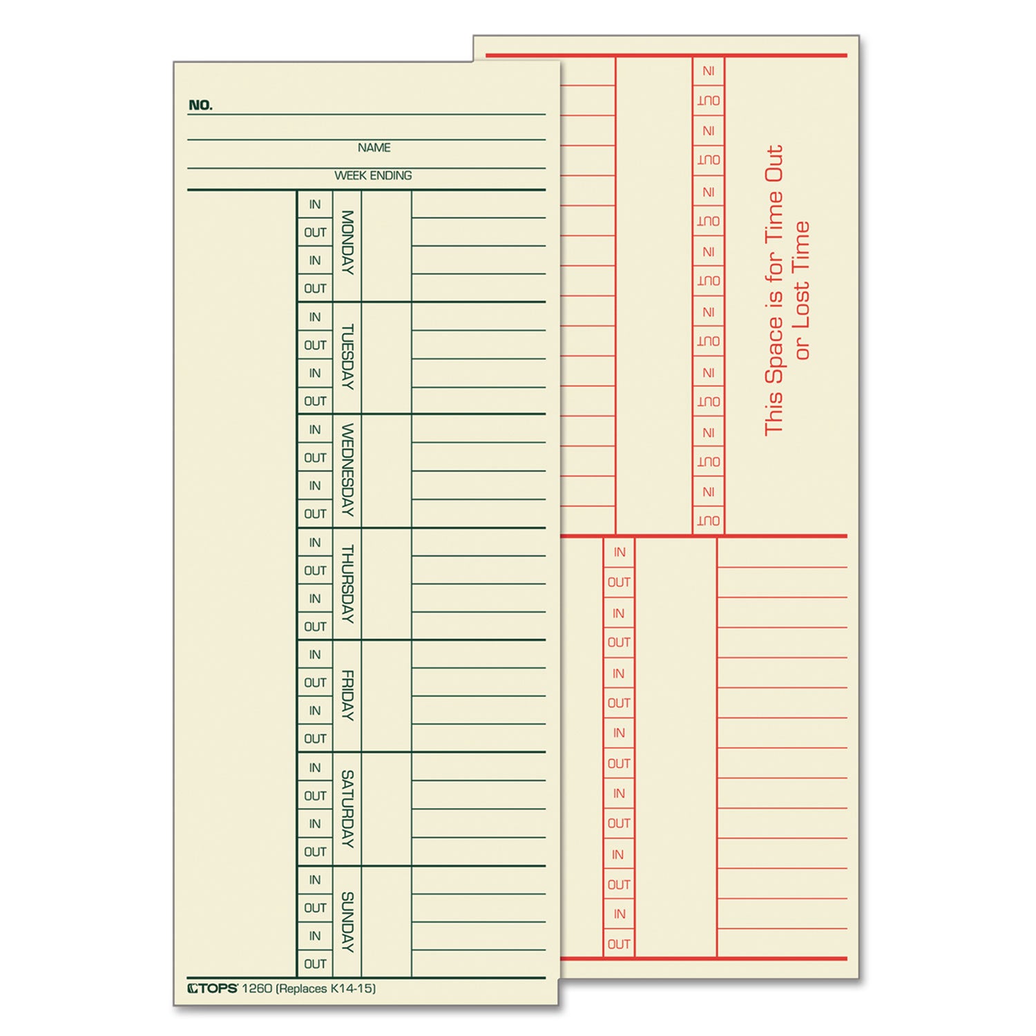 Time Clock Cards, Replacement for K14-15, Two Sides, 3.38 x 8.25, 500/Box - 