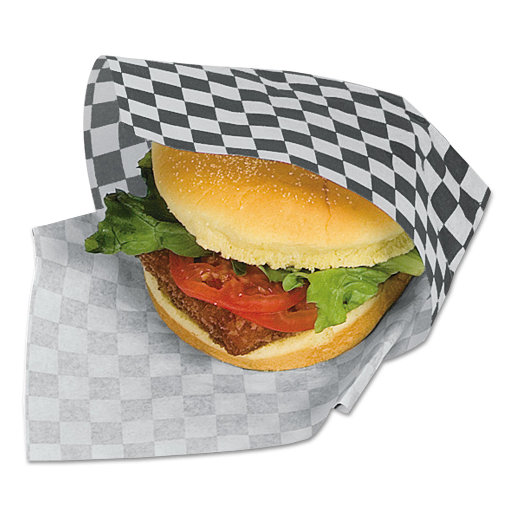 Grease-Resistant Paper Wraps and Liners, 12 x 12, Black Check, 1,000/Box, 5 Boxes/Carton