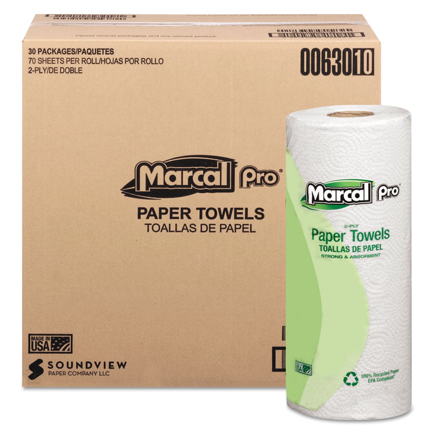 100% Premium Recycled Kitchen Roll Towels, 2-Ply, 11 x 9, White, 70/Roll, 30 Rolls/Carton - 