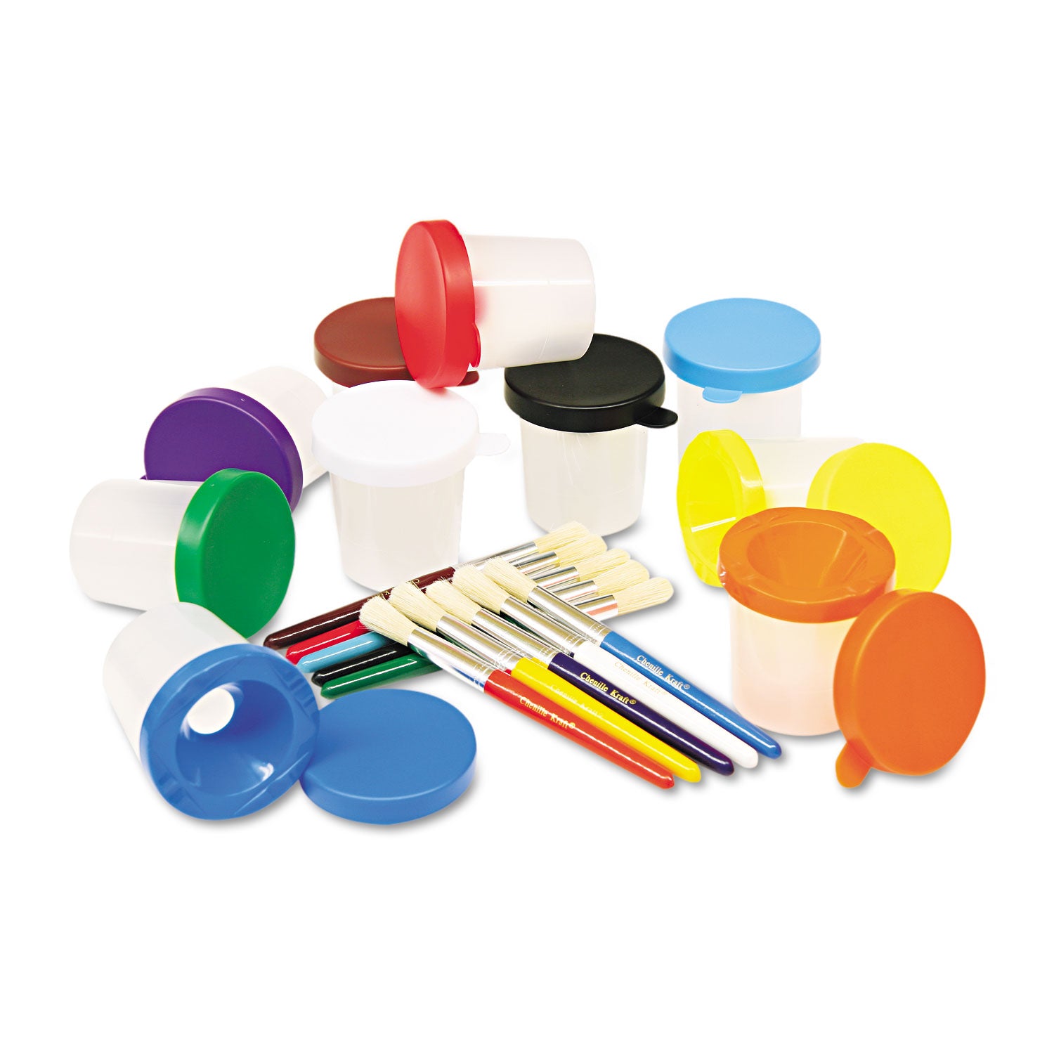 No-Spill Cups and Coordinating Brushes, Assorted Color Lids/Clear Cups, 10/Set - 