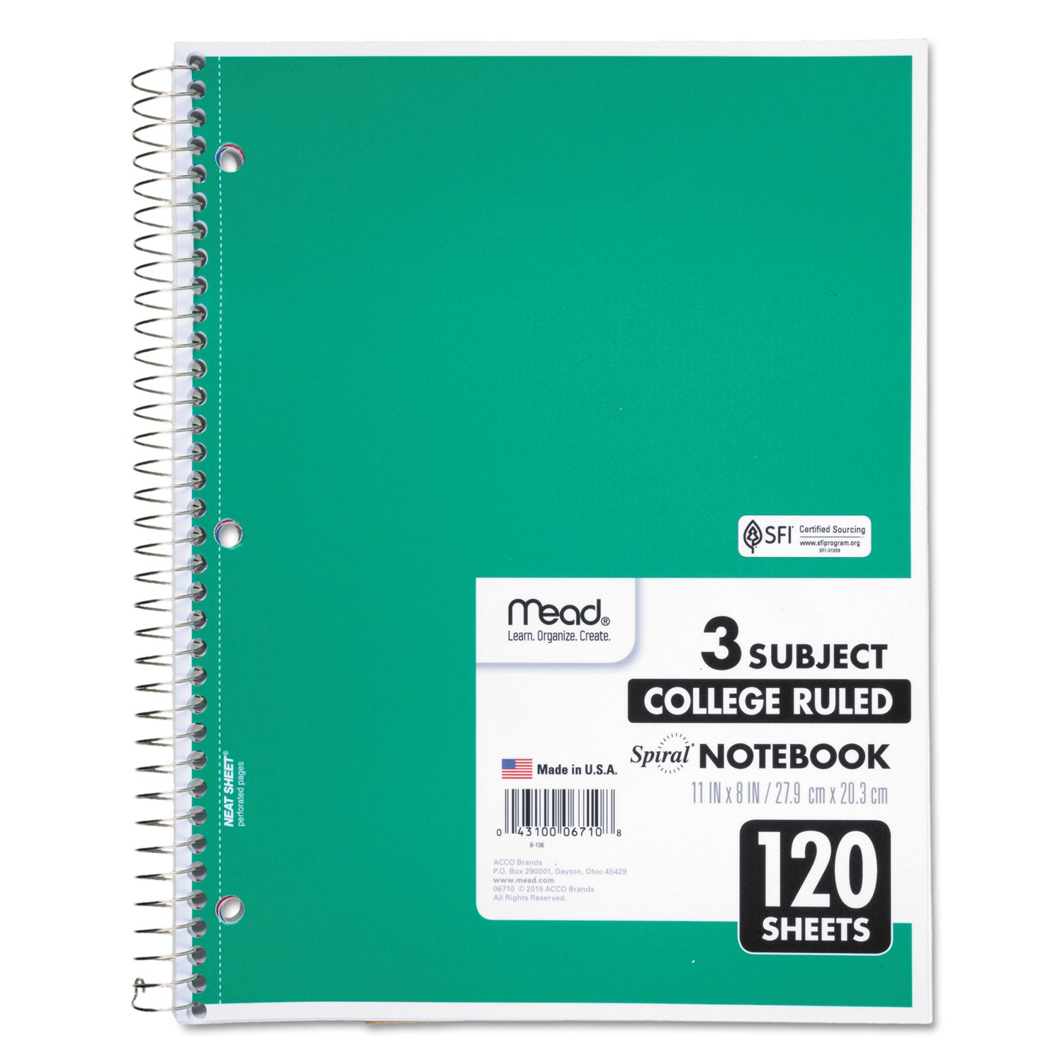 Spiral Notebook, 3-Subject, Medium/College Rule, Randomly Assorted Cover Color, (120) 11 x 8 Sheets - 