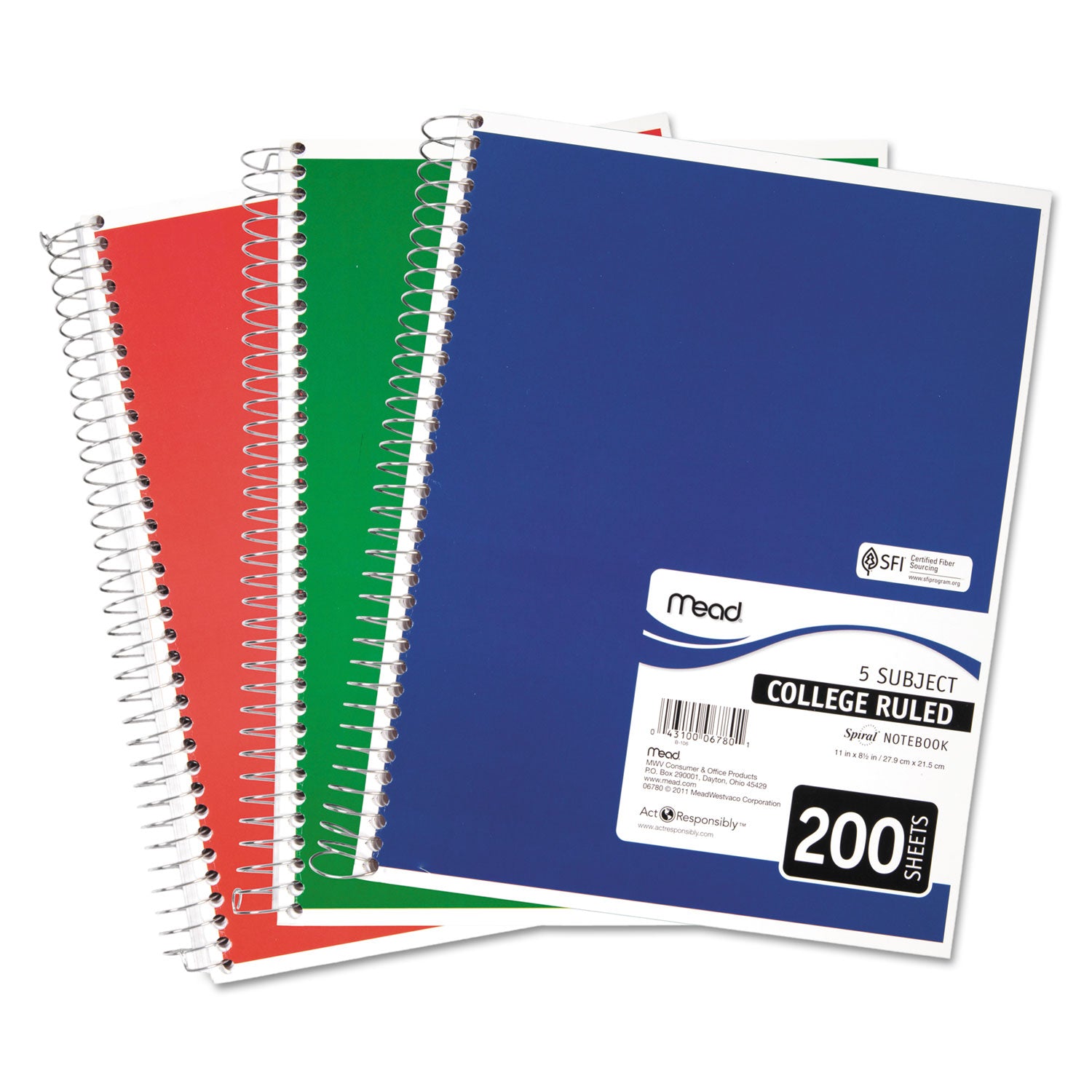 Spiral Notebook, 5-Subject, Medium/College Rule, Randomly Assorted Cover Color, (200) 11 x 8 Sheets - 