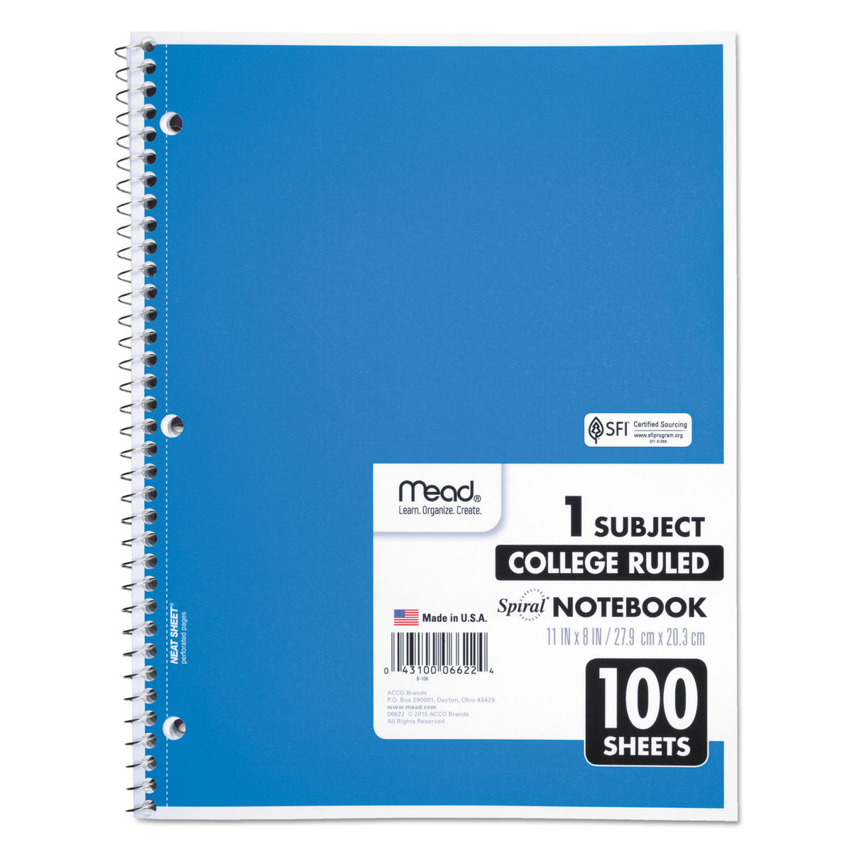 Spiral Notebook, 3-Hole Punched, 1-Subject, Medium/College Rule, Randomly Assorted Cover Color, (100) 11 x 8 Sheets