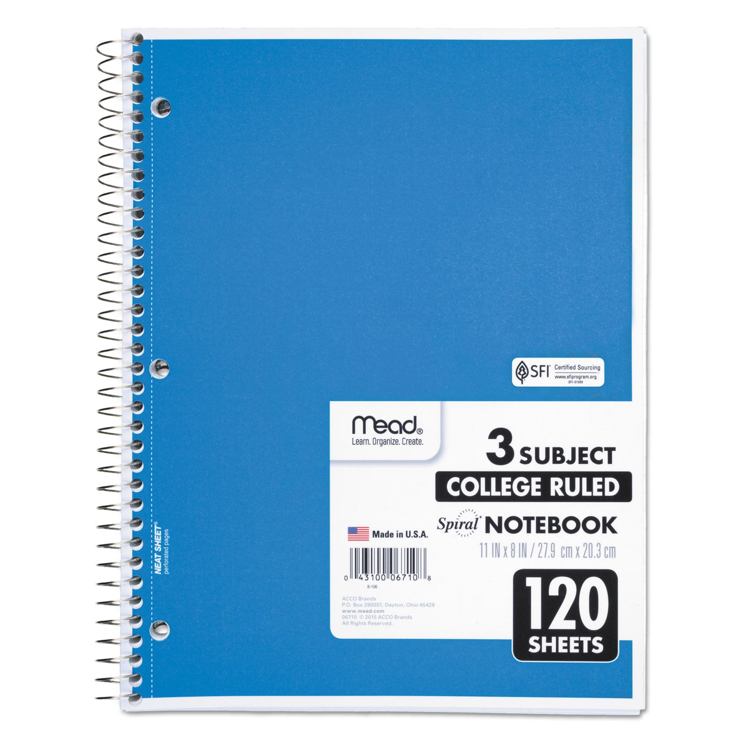 Spiral Notebook, 3-Subject, Medium/College Rule, Randomly Assorted Cover Color, (120) 11 x 8 Sheets - 