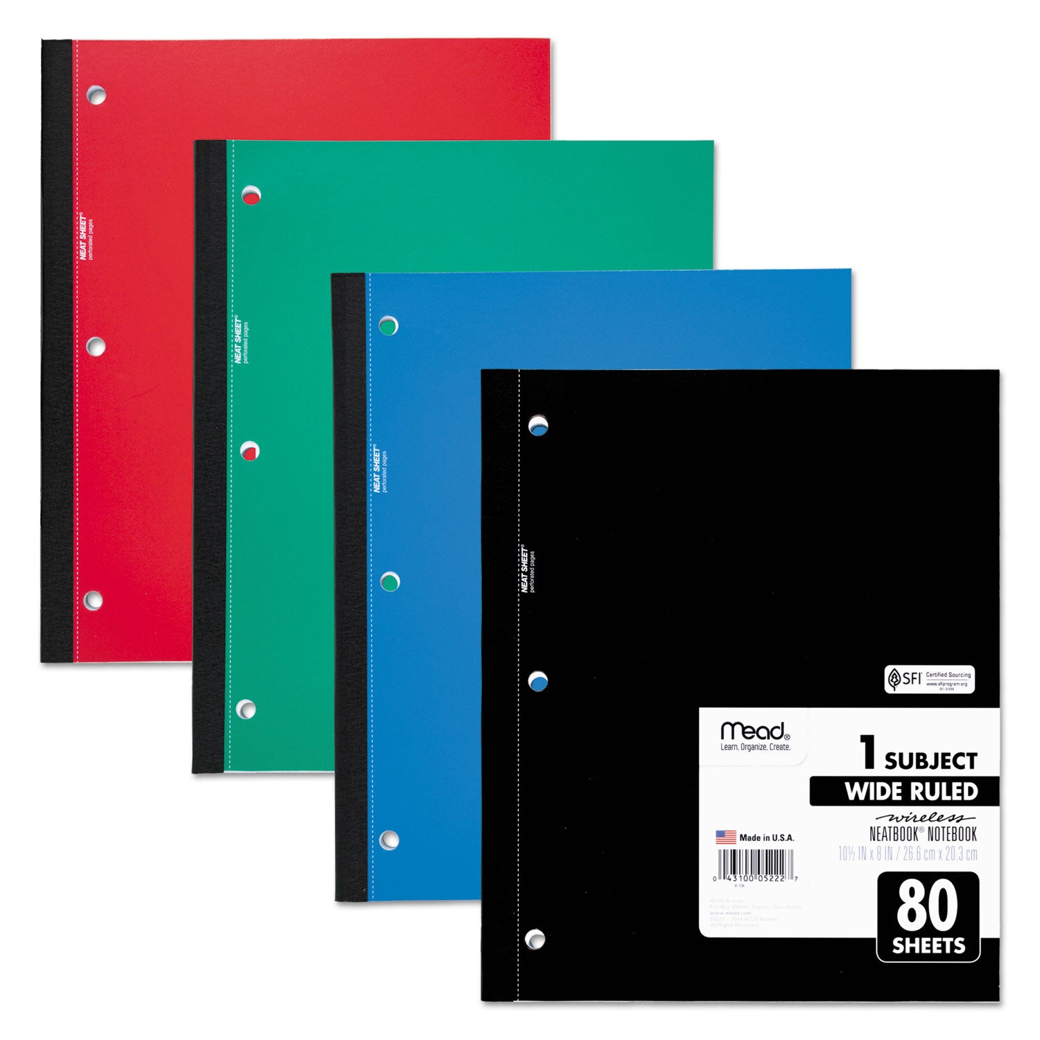 Wireless Neatbook Notebook, 1-Subject, Wide/Legal Rule, Randomly Assorted Cover Color, (80) 10.5 x 8 Sheets - 