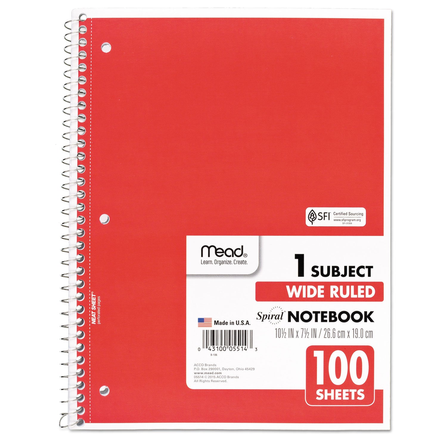 Spiral Notebook, 3-Hole Punched, 1-Subject, Wide/Legal Rule, Randomly Assorted Cover Color, (100) 10.5 x 7.5 Sheets - 5