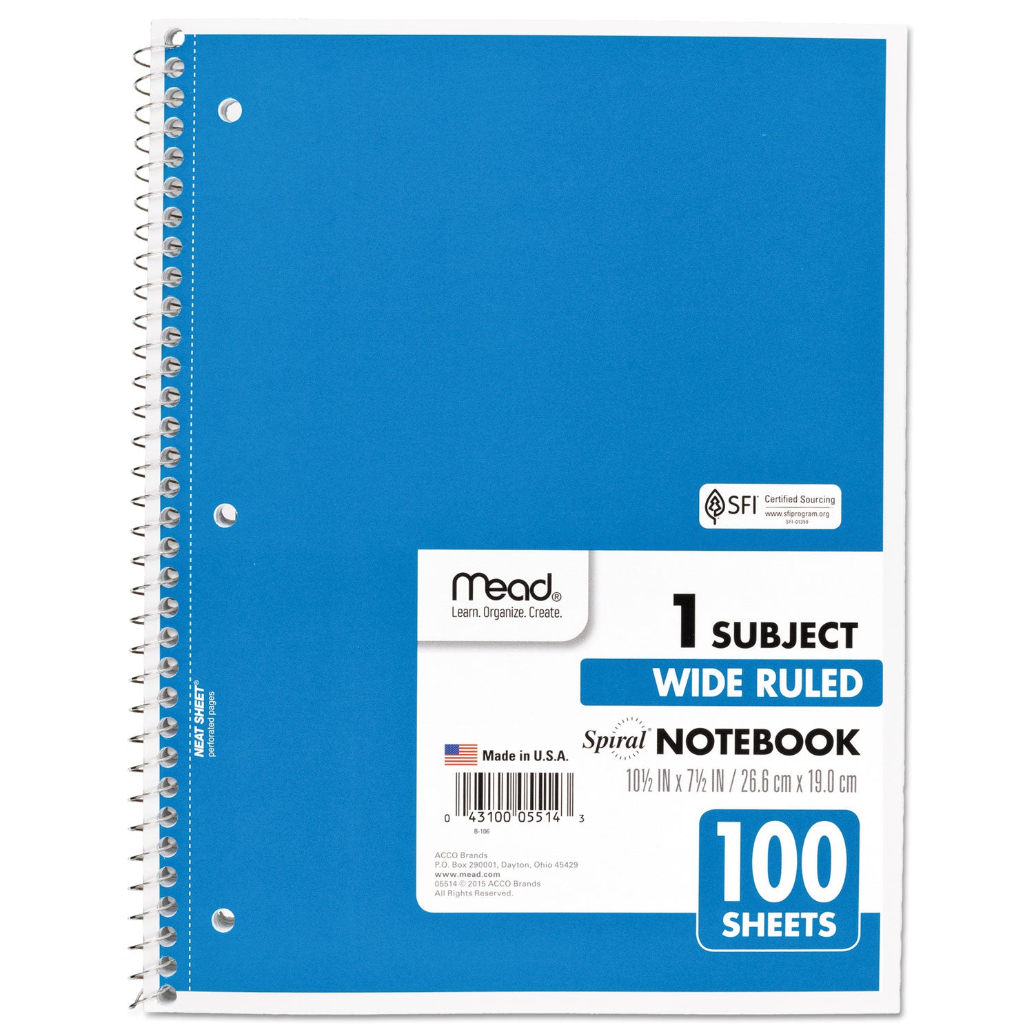 Spiral Notebook, 3-Hole Punched, 1-Subject, Wide/Legal Rule, Randomly Assorted Cover Color, (100) 10.5 x 7.5 Sheets - 3