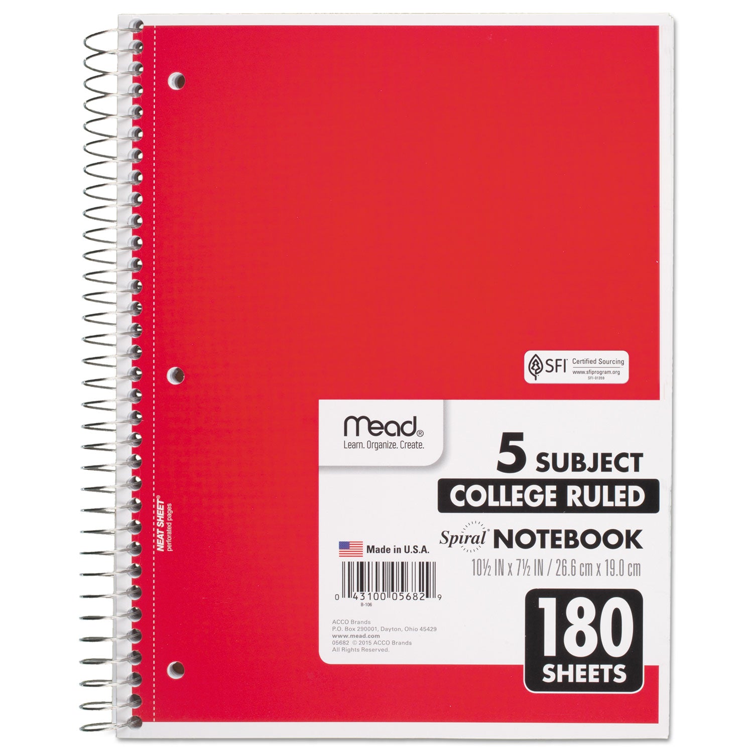 Spiral Notebook, 5-Subject, Medium/College Rule, Randomly Assorted Cover Color, (180) 10.5 x 8 Sheets - 