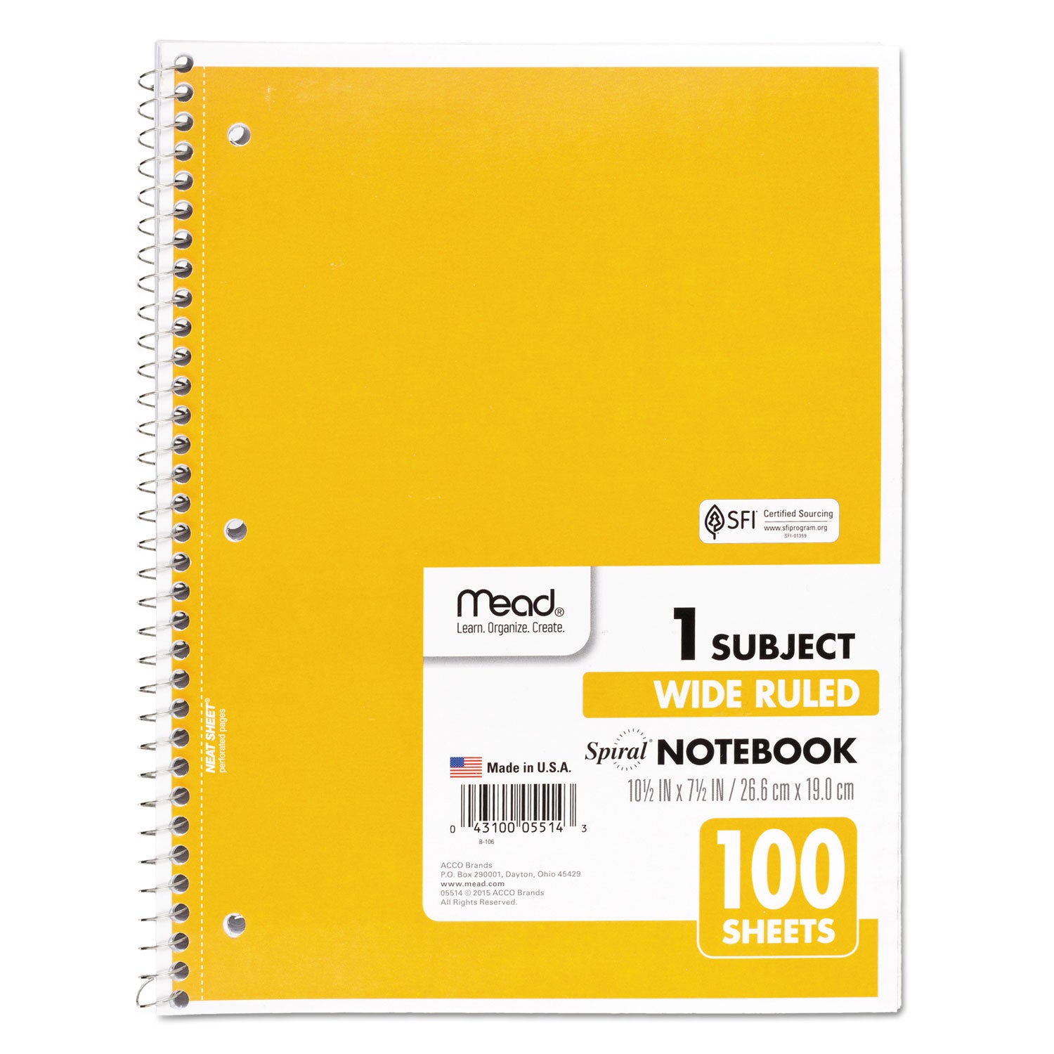 Spiral Notebook, 3-Hole Punched, 1-Subject, Wide/Legal Rule, Randomly Assorted Cover Color, (100) 10.5 x 7.5 Sheets - 6