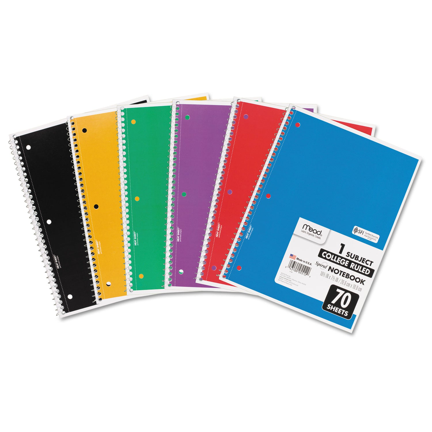 Spiral Notebook, 3-Hole Punched, 1-Subject, Medium/College Rule, Randomly Assorted Cover Color, (70) 10.5 x 7.5 Sheets - 