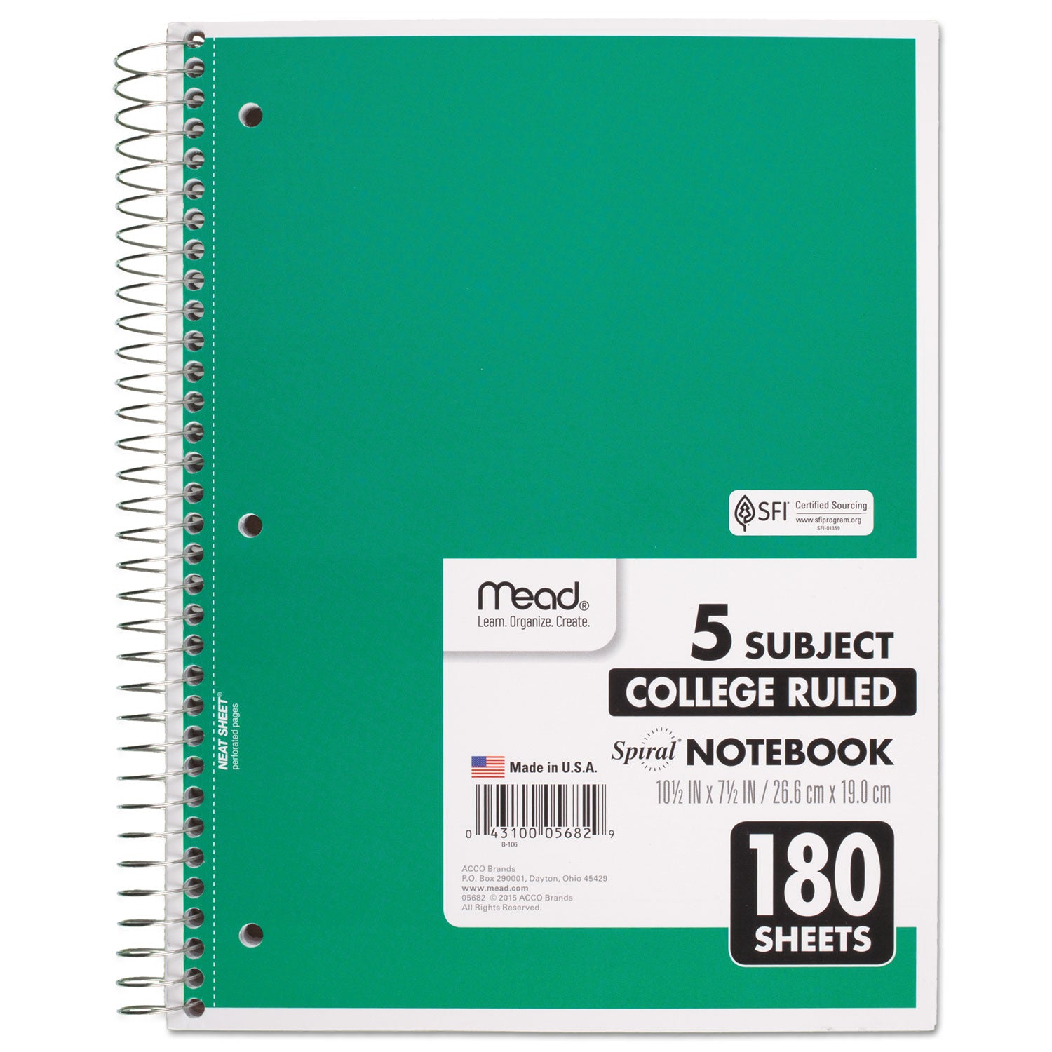 Spiral Notebook, 5-Subject, Medium/College Rule, Randomly Assorted Cover Color, (180) 10.5 x 8 Sheets - 