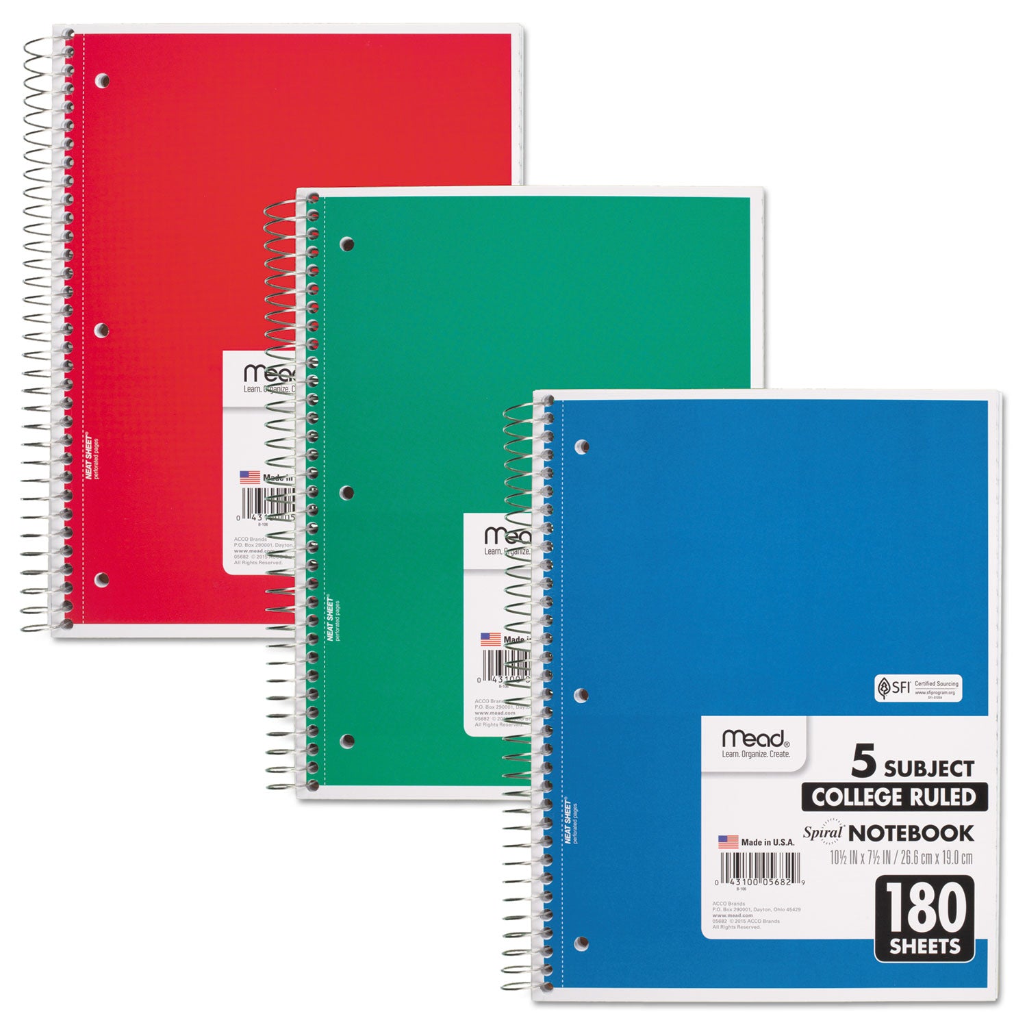 Spiral Notebook, 5-Subject, Medium/College Rule, Randomly Assorted Cover Color, (180) 10.5 x 8 Sheets - 