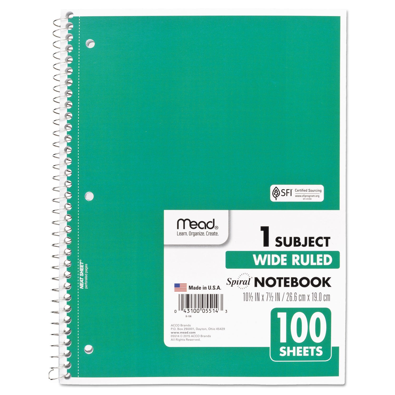 Spiral Notebook, 3-Hole Punched, 1-Subject, Wide/Legal Rule, Randomly Assorted Cover Color, (100) 10.5 x 7.5 Sheets - 