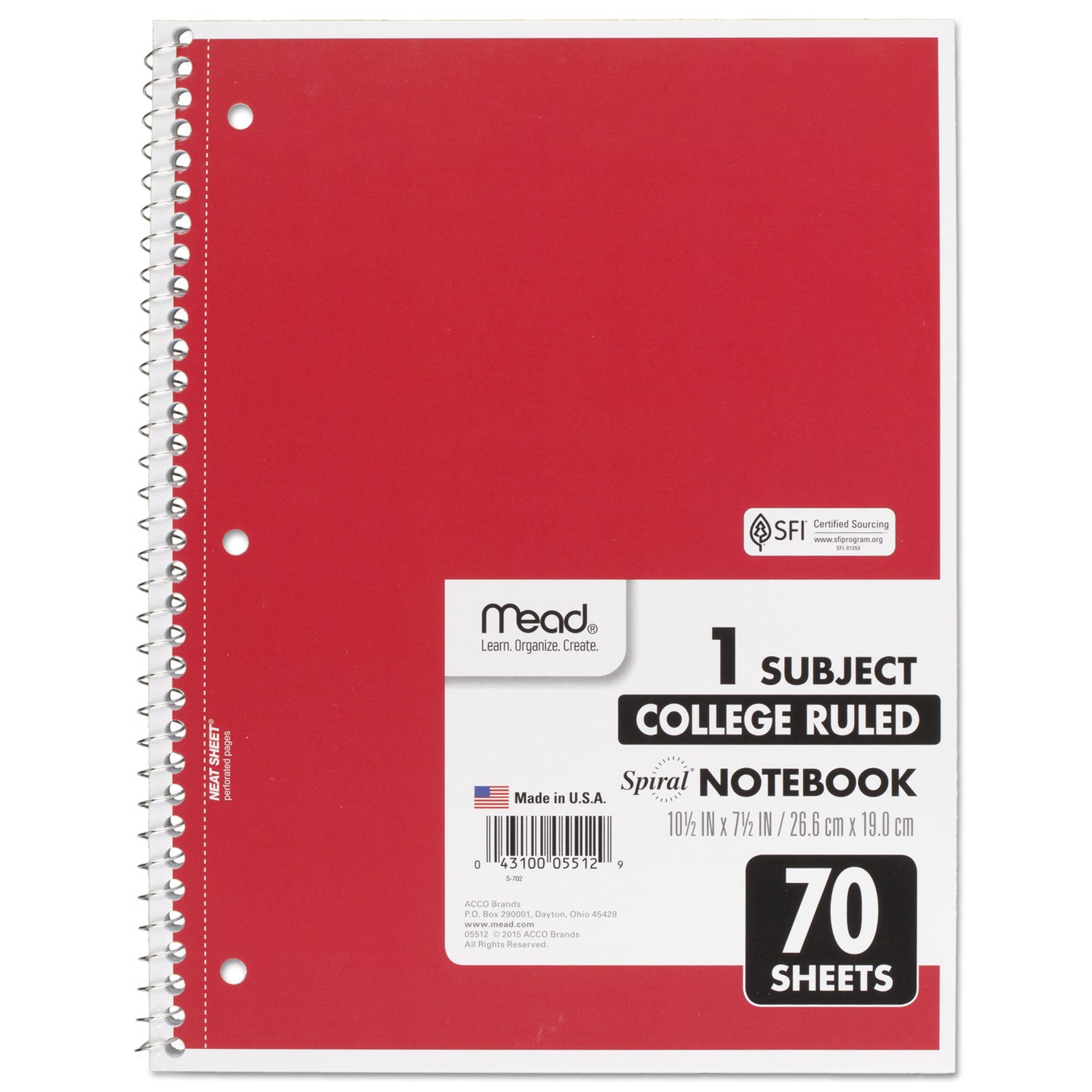 Spiral Notebook, 3-Hole Punched, 1-Subject, Medium/College Rule, Randomly Assorted Cover Color, (70) 10.5 x 7.5 Sheets - 