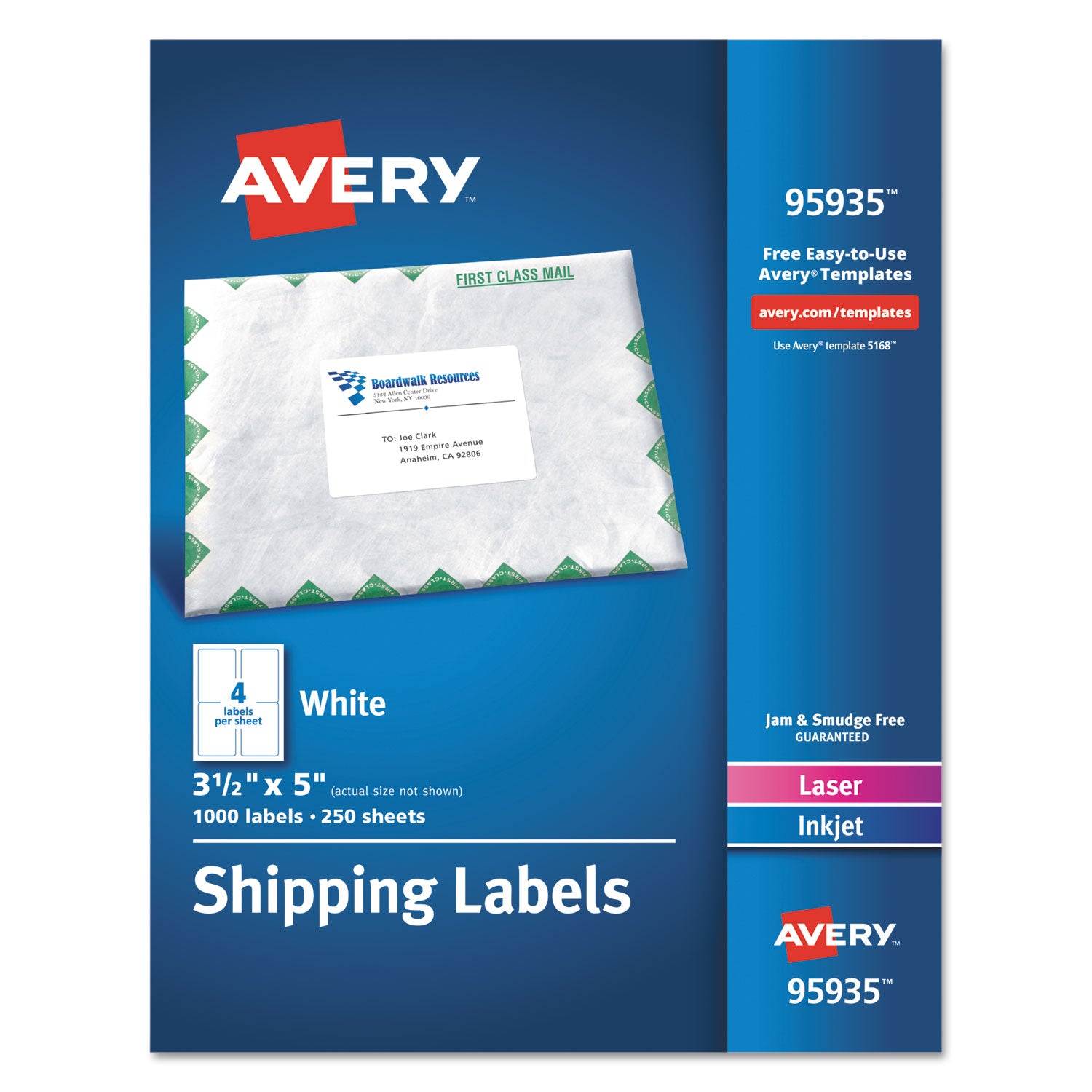 White Shipping Labels-Bulk Packs, Inkjet/Laser Printers, 3.5 x 5, White, 4/Sheet, 250 Sheets/Box - 