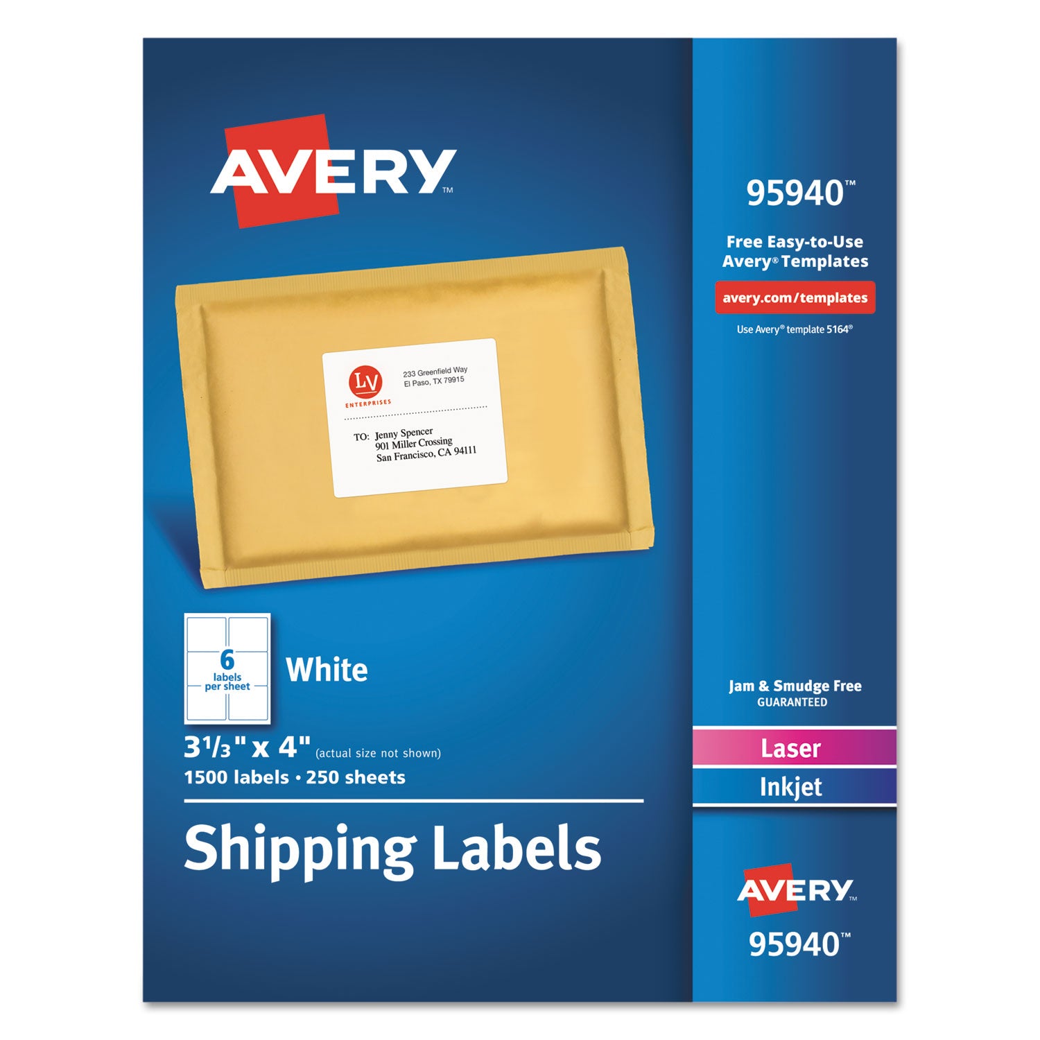 White Shipping Labels-Bulk Packs, Inkjet/Laser Printers, 3.33 x 4, White, 6/Sheet, 250 Sheets/Box - 