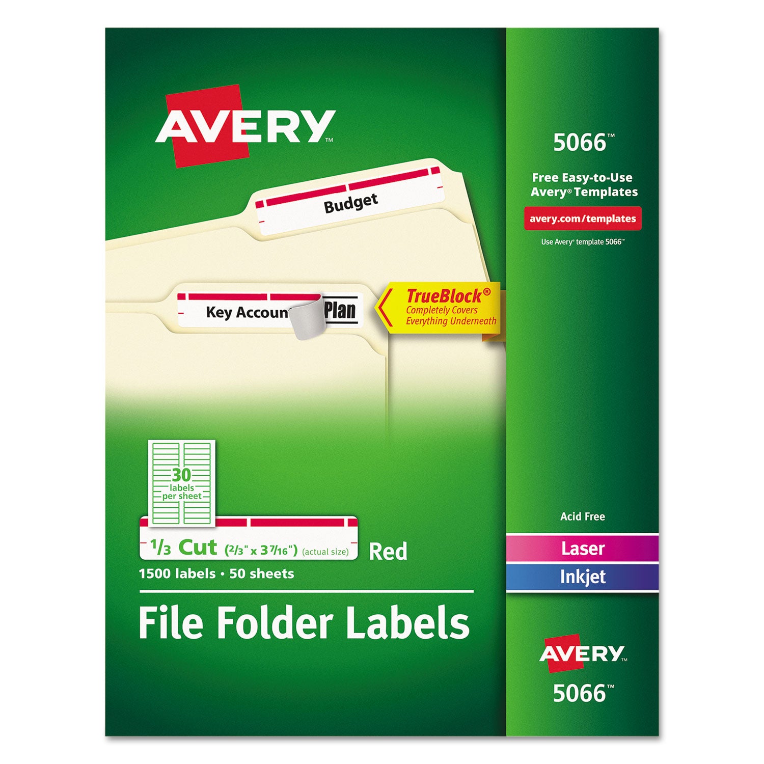 Permanent TrueBlock File Folder Labels with Sure Feed Technology, 0.66 x 3.44, White, 30/Sheet, 50 Sheets/Box - 
