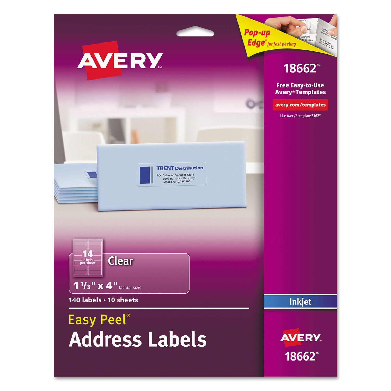 Matte Clear Easy Peel Mailing Labels w/ Sure Feed Technology, Inkjet Printers, 1.33 x 4, Clear, 14/Sheet, 10 Sheets/Pack - 