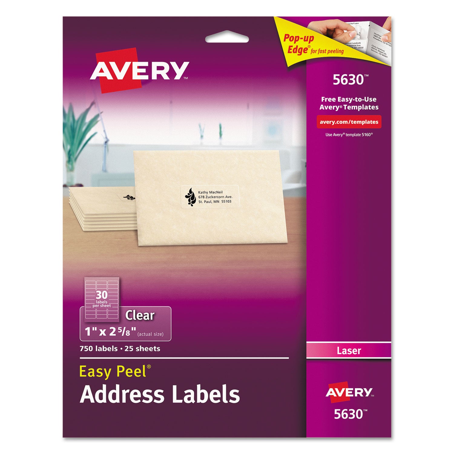 Matte Clear Easy Peel Mailing Labels w/ Sure Feed Technology, Laser Printers, 1 x 2.63, Clear, 30/Sheet, 25 Sheets/Box - 