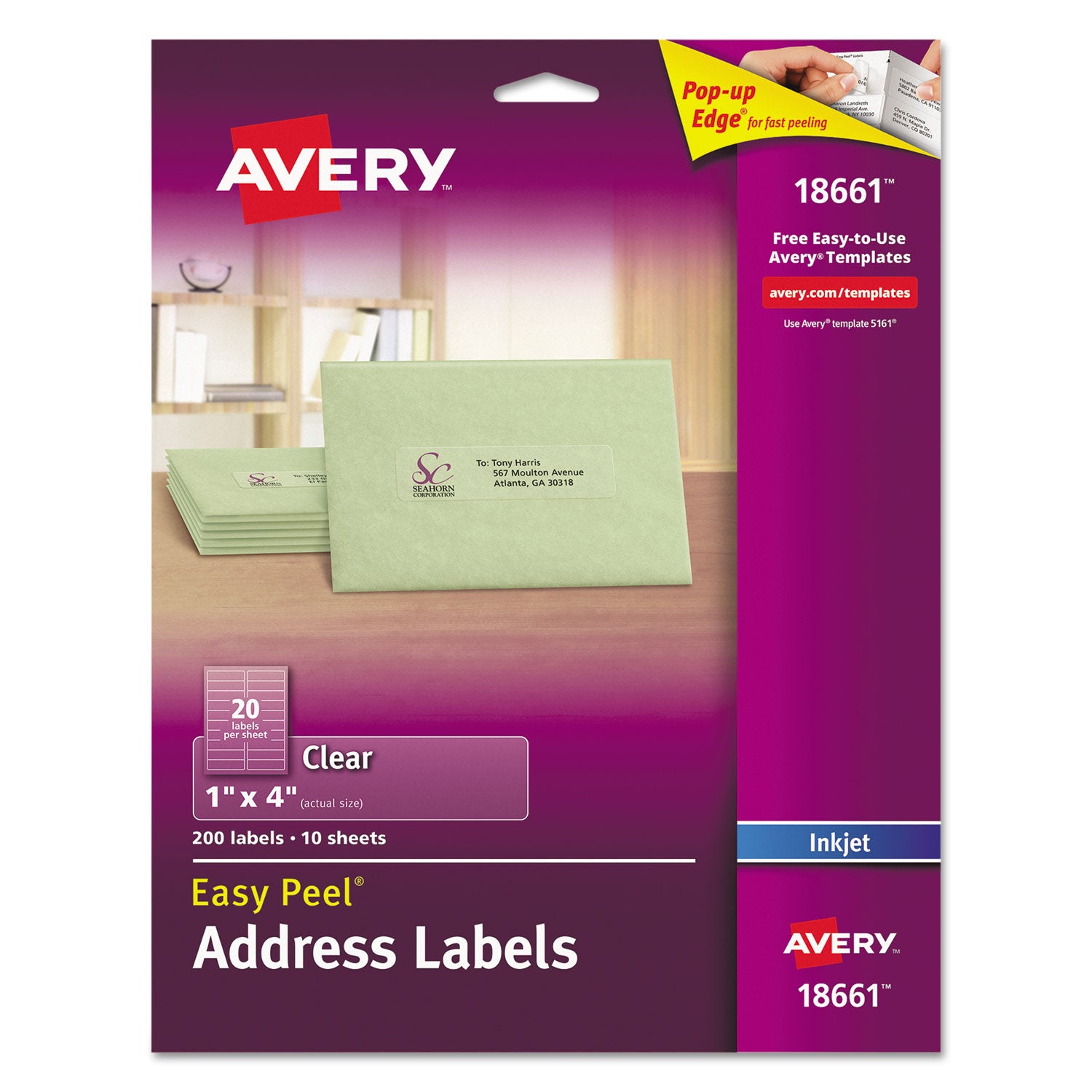 Matte Clear Easy Peel Mailing Labels w/ Sure Feed Technology, Inkjet Printers, 1 x 4, Clear, 20/Sheet, 10 Sheets/Pack - 