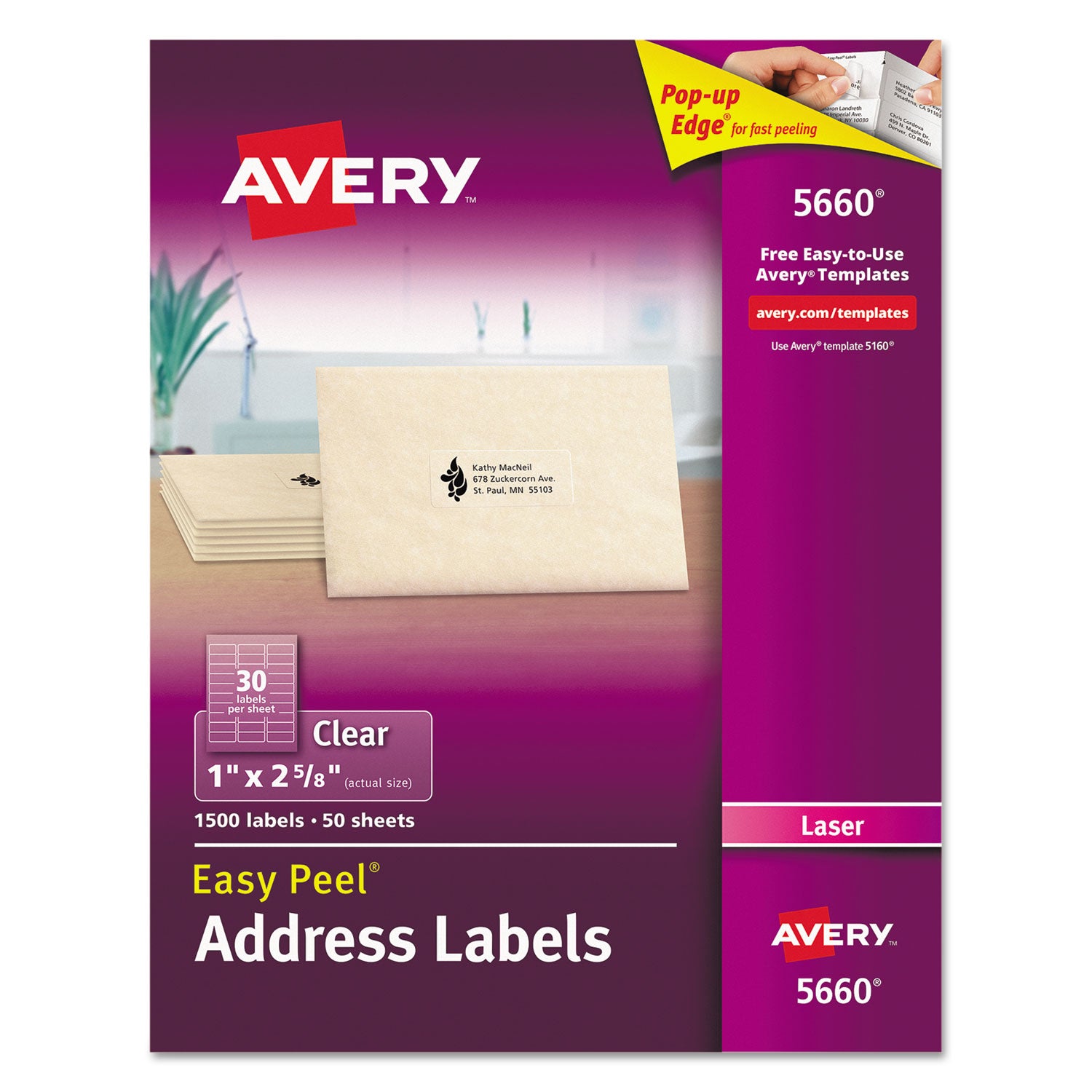 Matte Clear Easy Peel Mailing Labels w/ Sure Feed Technology, Laser Printers, 1 x 2.63, Clear, 30/Sheet, 50 Sheets/Box - 