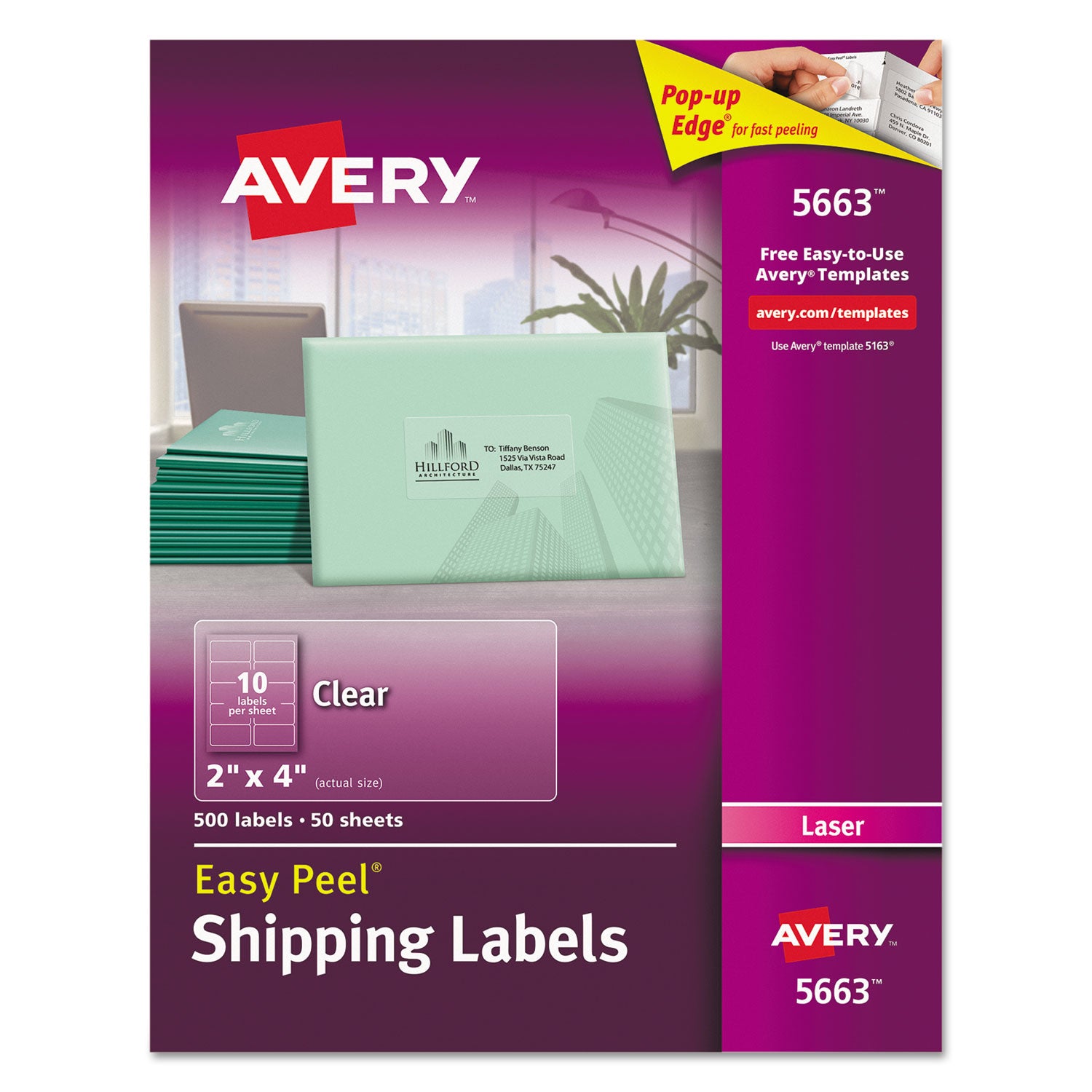 Matte Clear Easy Peel Mailing Labels w/ Sure Feed Technology, Laser Printers, 2 x 4, Clear, 10/Sheet, 50 Sheets/Box - 